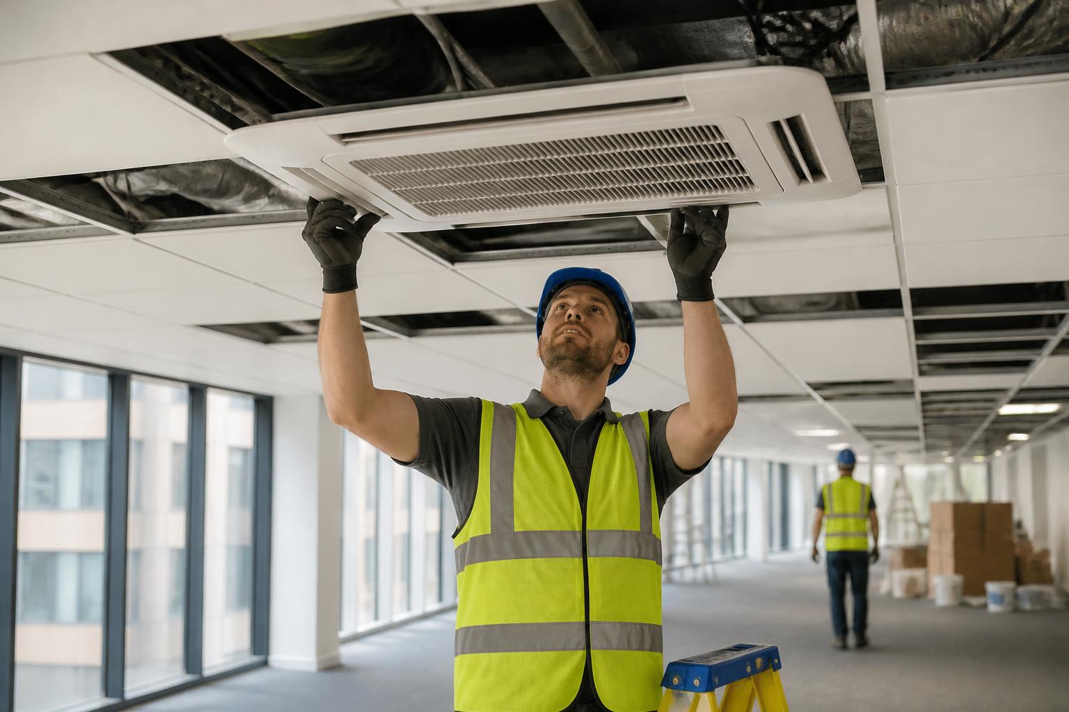 HVAC engineer fitting a ceiling cassette unit in a UK open plan office during a refurbishment