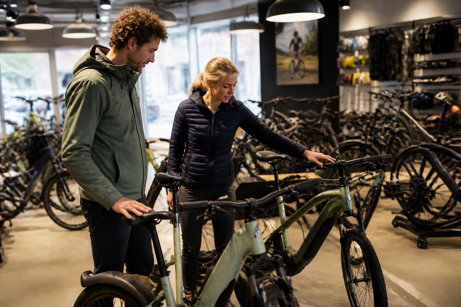 Bicycle Repair Insurance 2 Customers browsing e-bikes and road bikes on the shop floor of a UK cycle retailer
