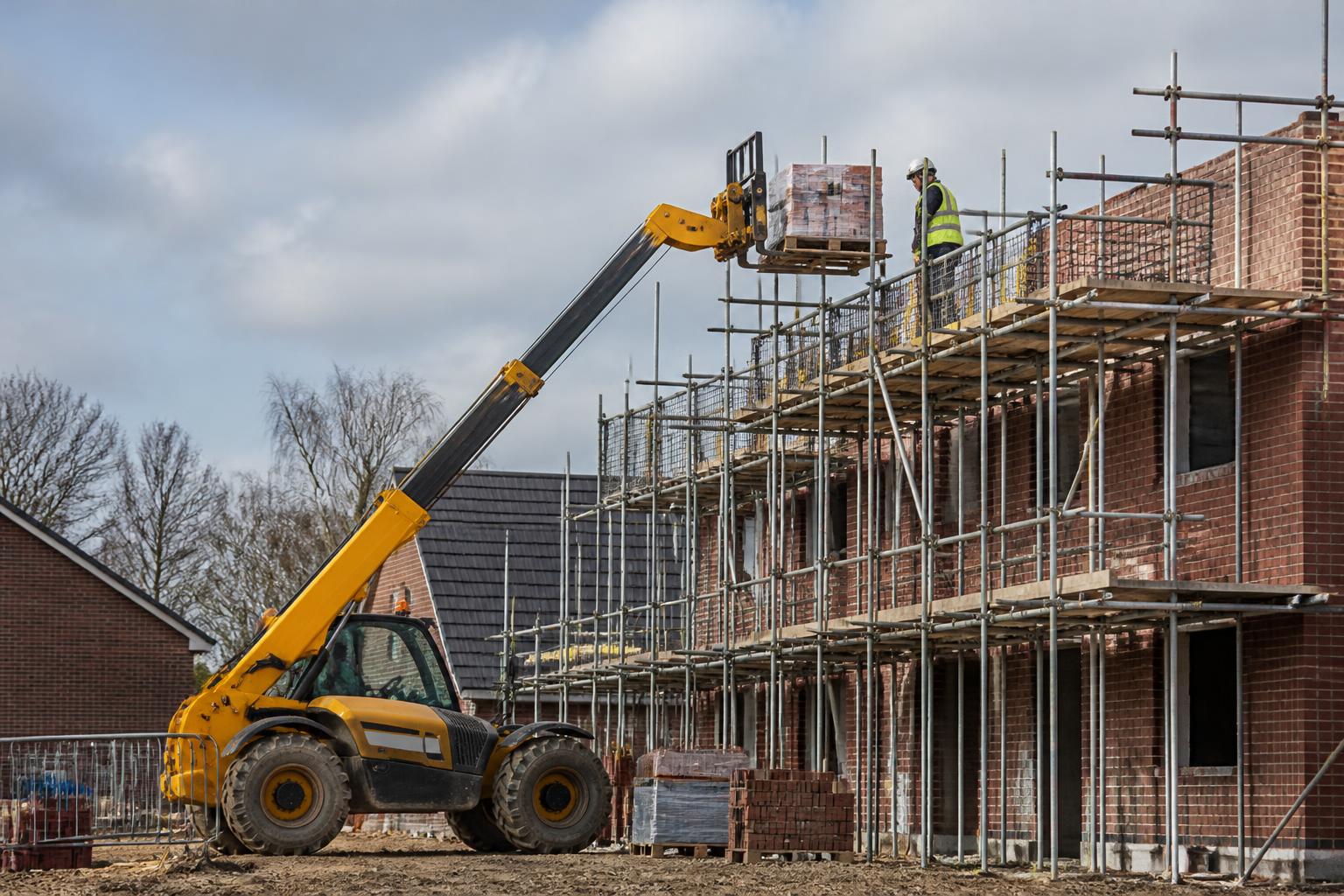 Telehandler lifting packs of bricks onto a scaffold beside part-built houses