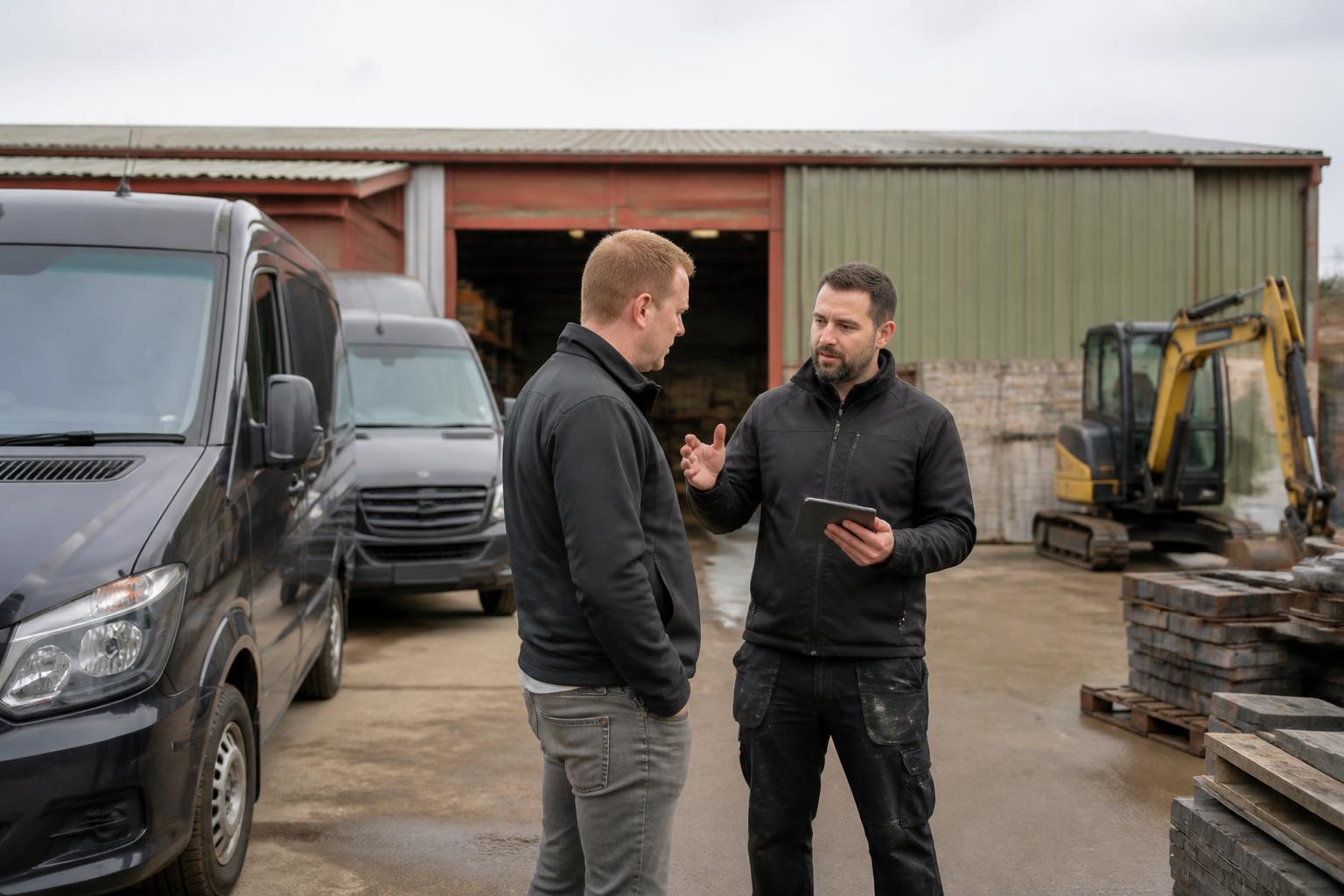Building firm's yard with liveried vans, stacked materials and a small excavator