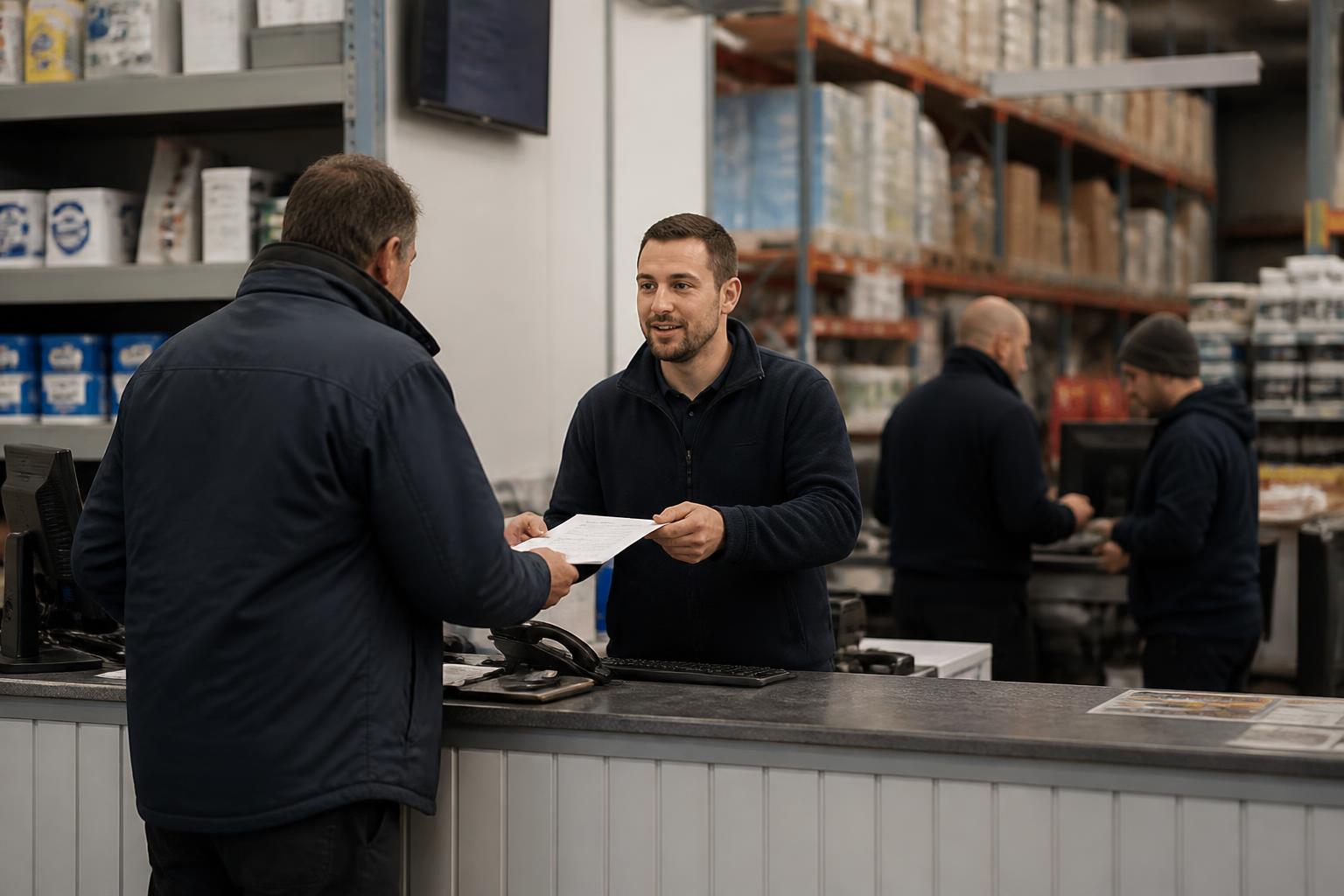 Trade counter inside a UK builders merchant with staff serving contractors