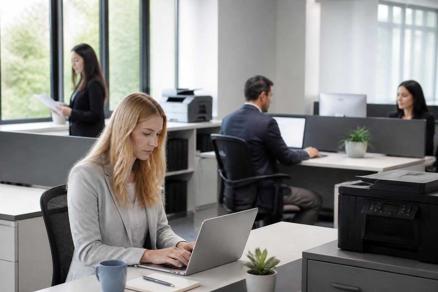 Office equipment, laptops and printers in a modern open plan office
