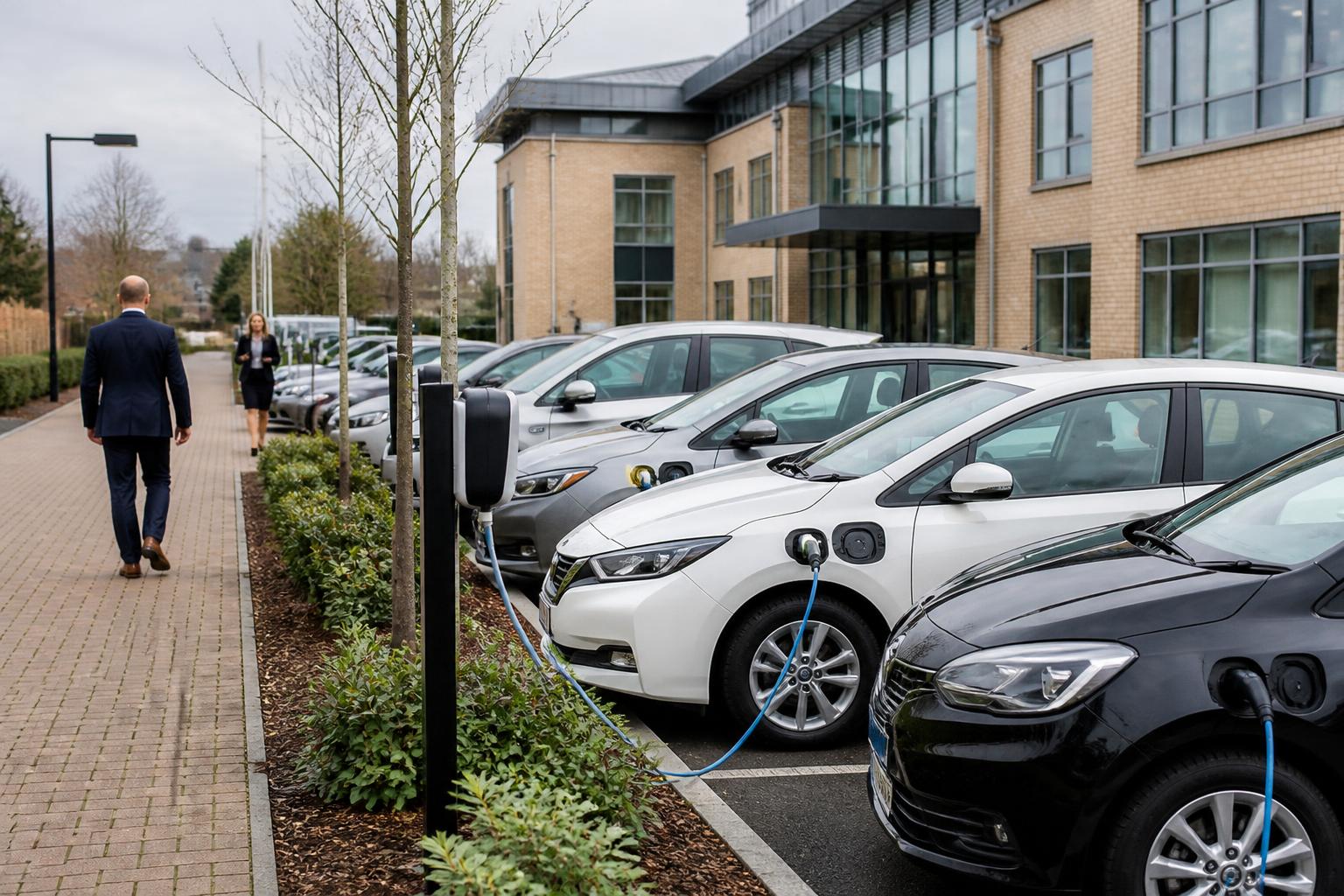 Business Fleet Insurance 2 Row of company estate cars and electric hatchbacks charging outside a UK regional office