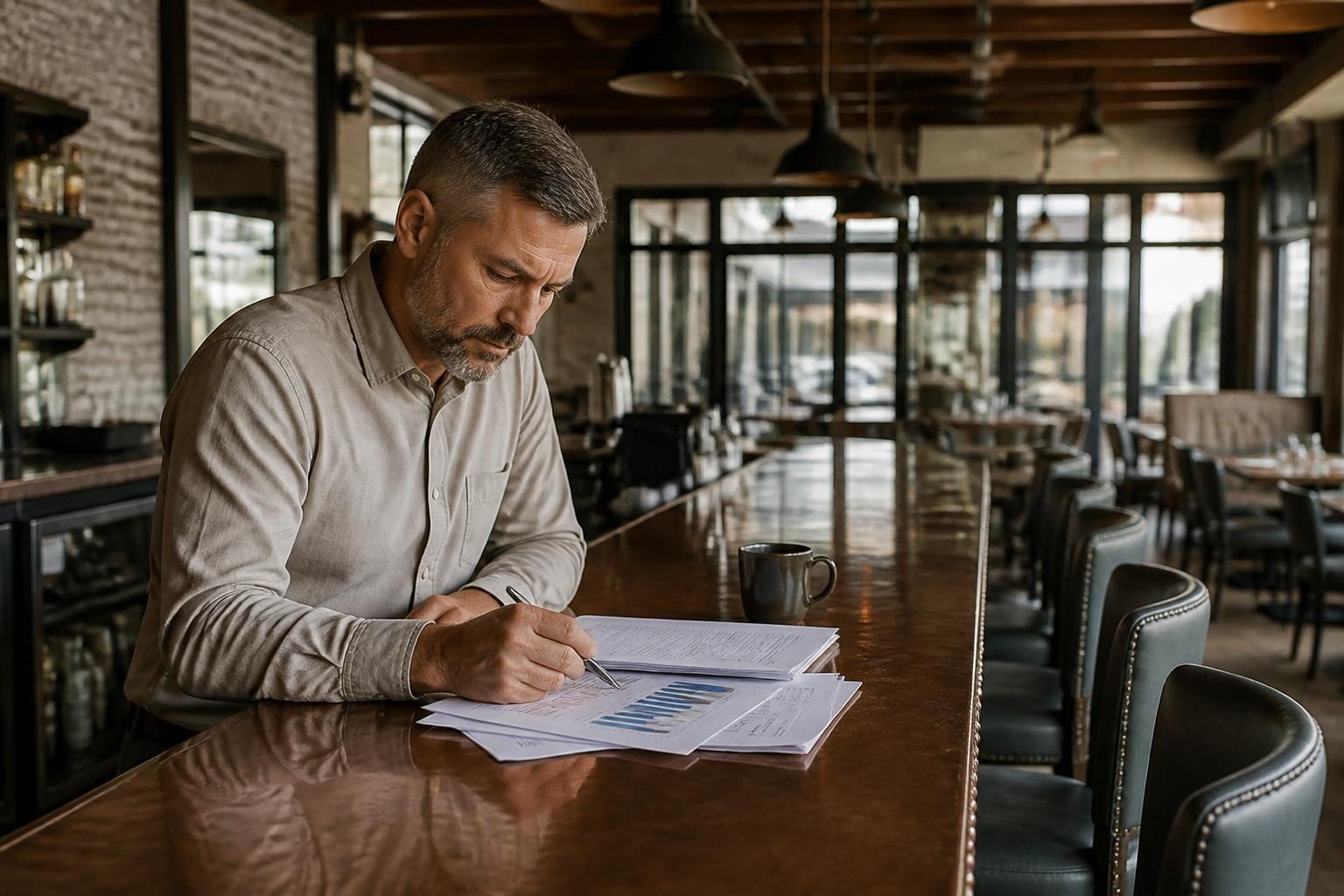 Business Interruption Insurance 2 A restaurant owner reviewing figures at the bar of a closed restaurant in the morning