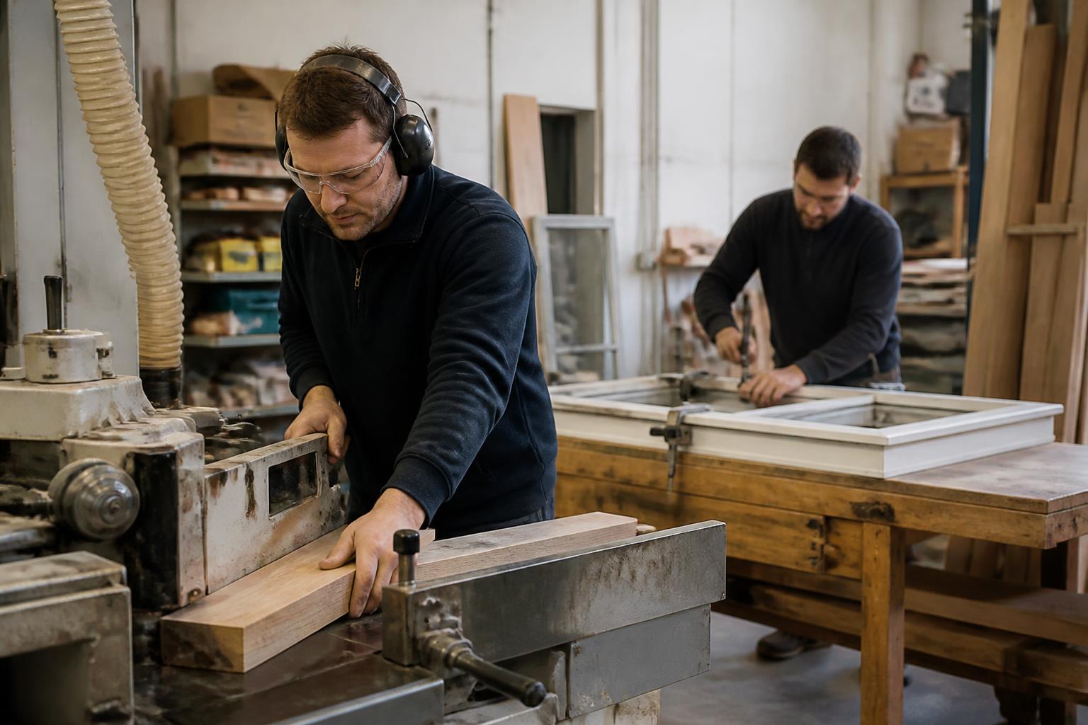 Carpenters and Joiners Insurance 2 Joinery workshop in a UK industrial unit, a machinist feeding timber through a spindle moulder while a colleague clamps a sash window frame on the bench behind