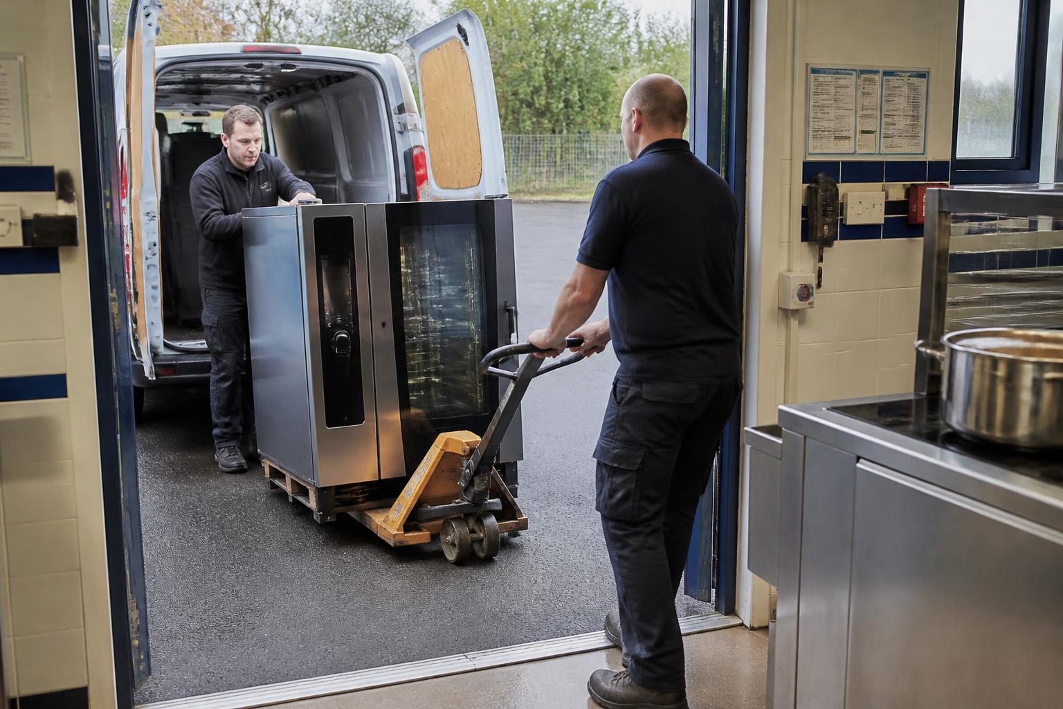 Two engineers wheeling a new combi oven on a pallet truck into a UK school kitchen from a liveried service van at the back door