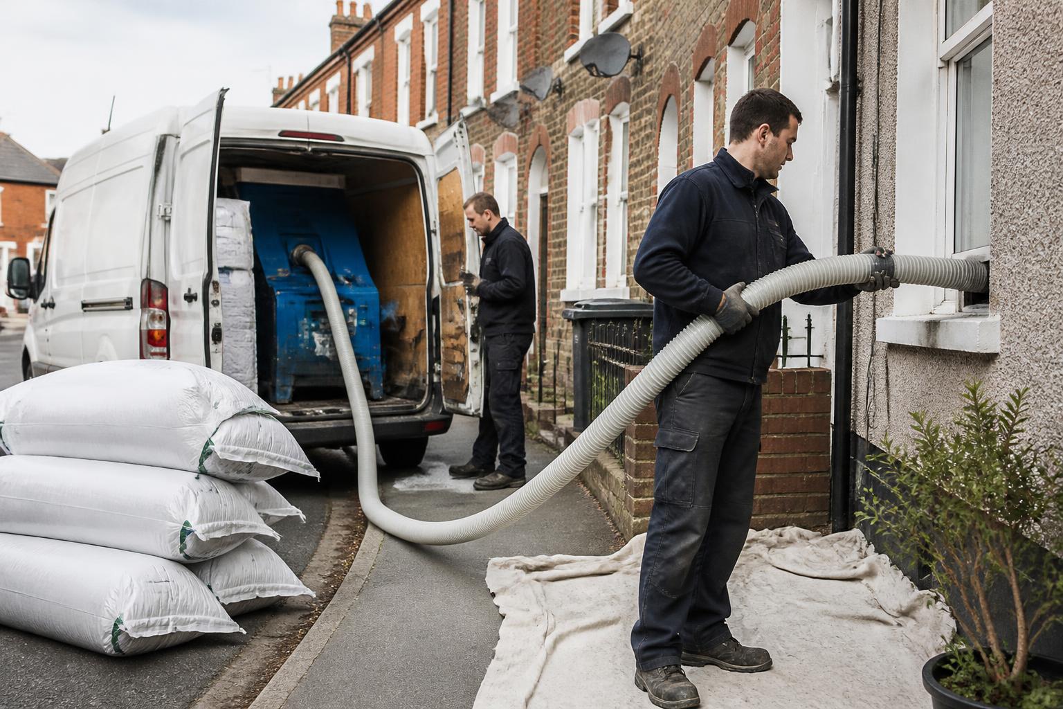Liveried insulation van with blowing machine and bagged insulation outside a terraced street