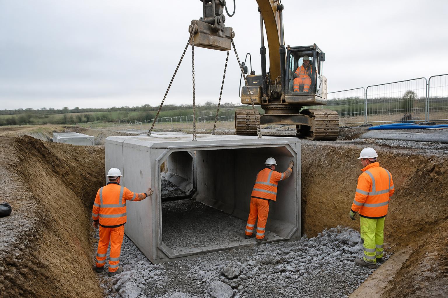 Civil Engineering Insurance 2 Civil engineering crew laying a large concrete culvert with a tracked excavator on an infrastructure site