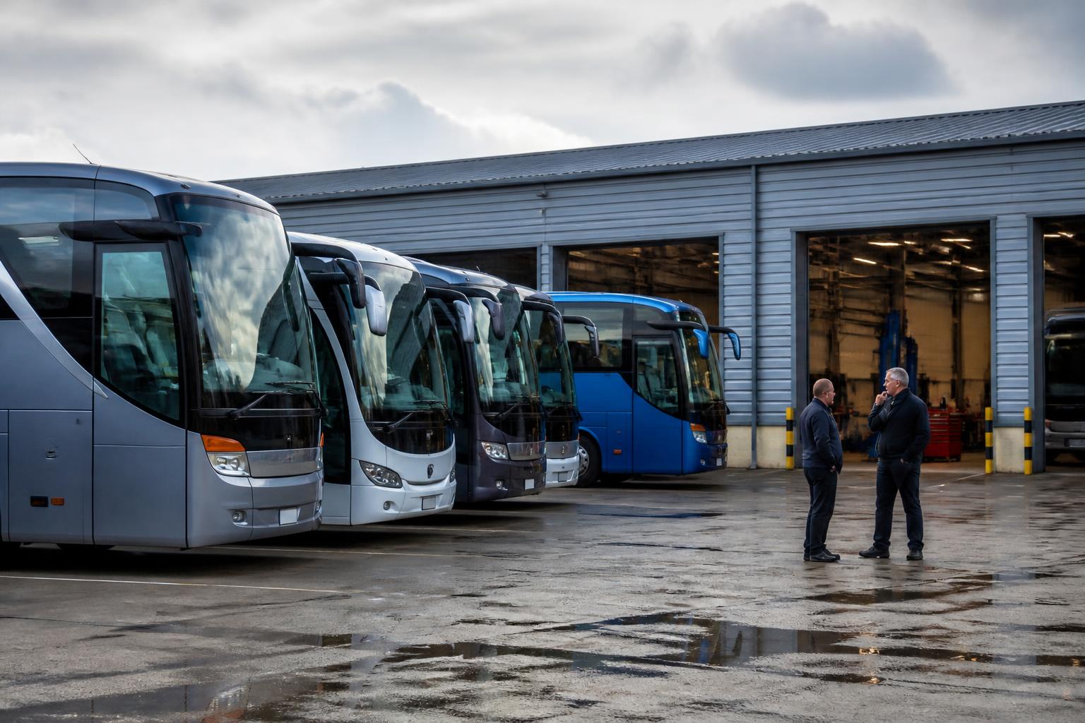 Several touring coaches parked in a UK operator's depot yard with a maintenance bay behind