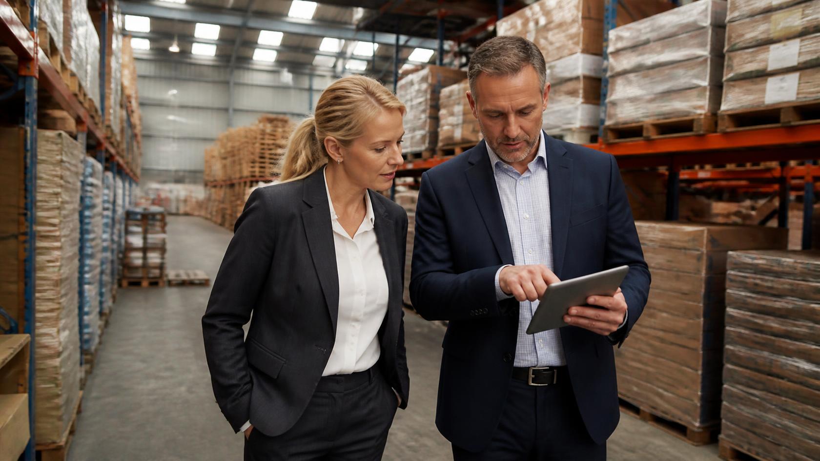 Operations manager and colleague in a stocked UK wholesale warehouse