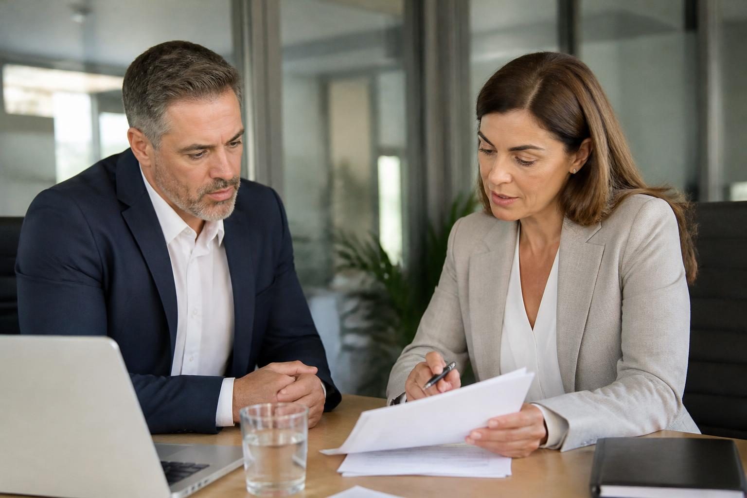 An HR manager and a manager in a calm meeting reviewing paperwork