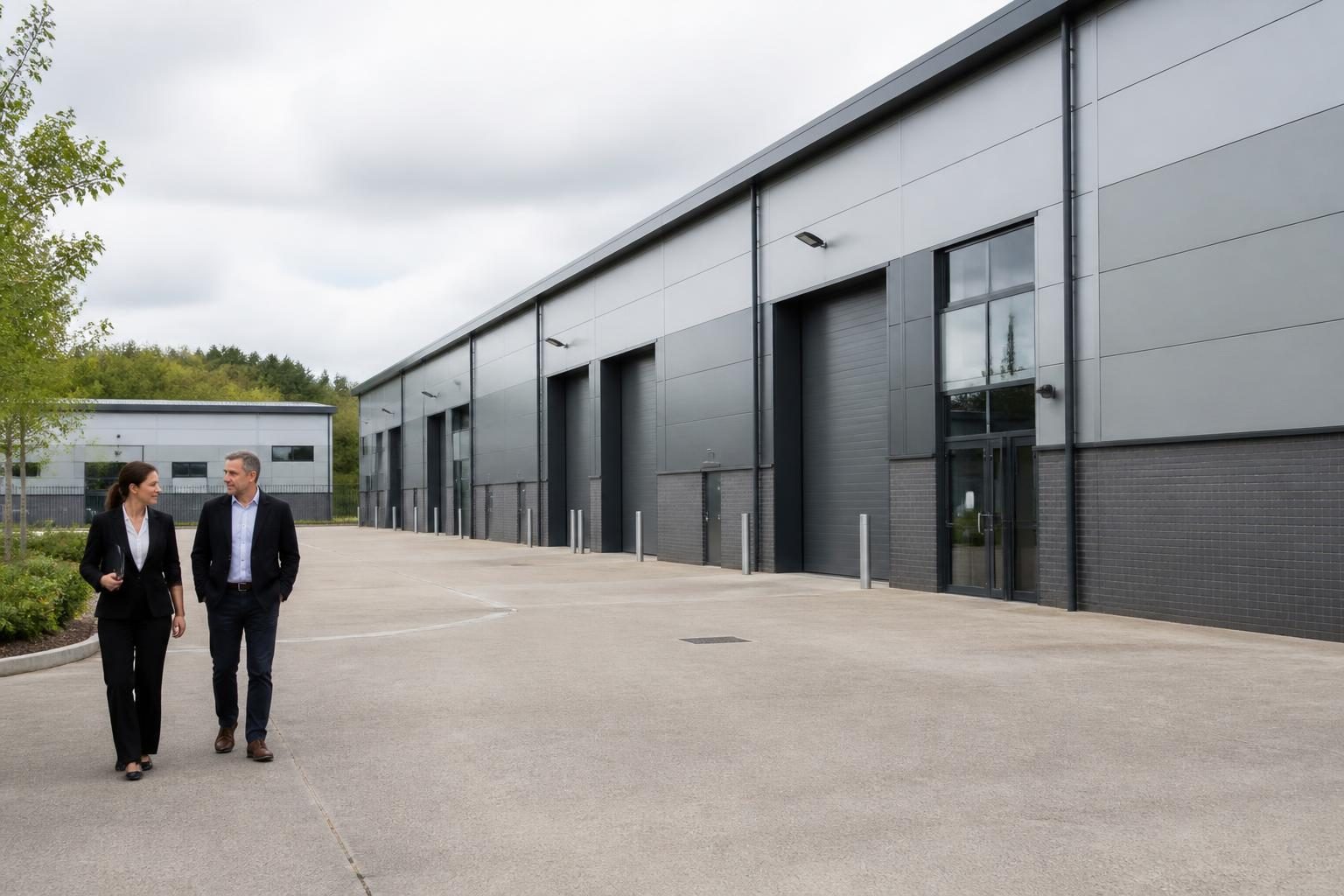 Commercial Property Insurance 2 A row of modern industrial units with loading doors on a UK business park
