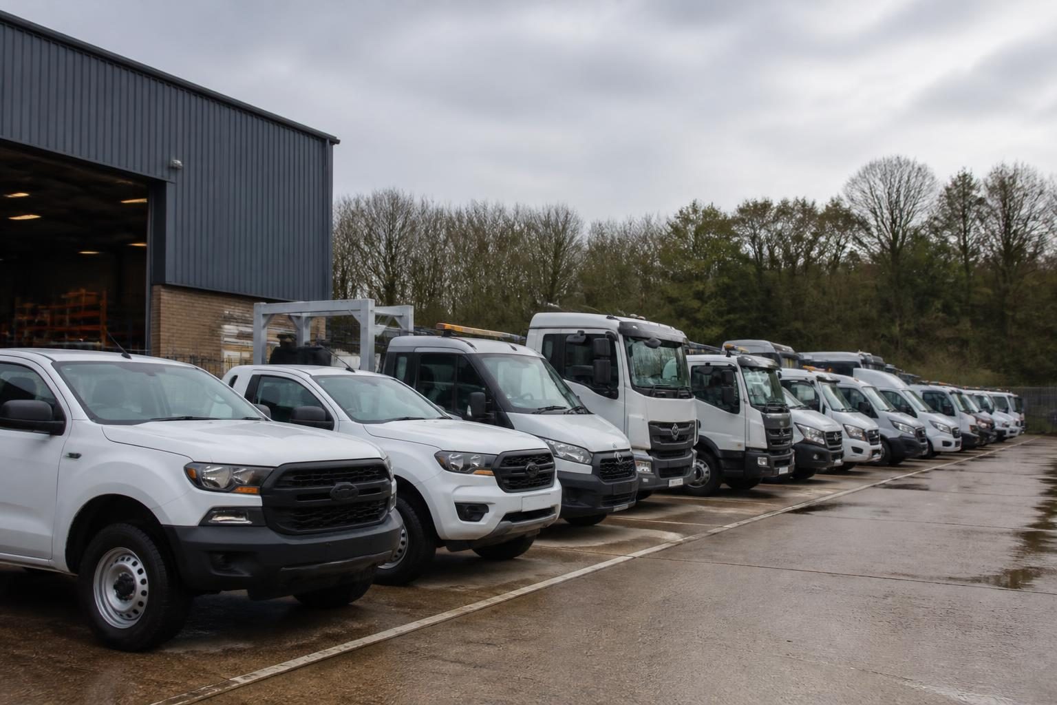 A line of pickups, tippers and vans parked at a UK trade depot