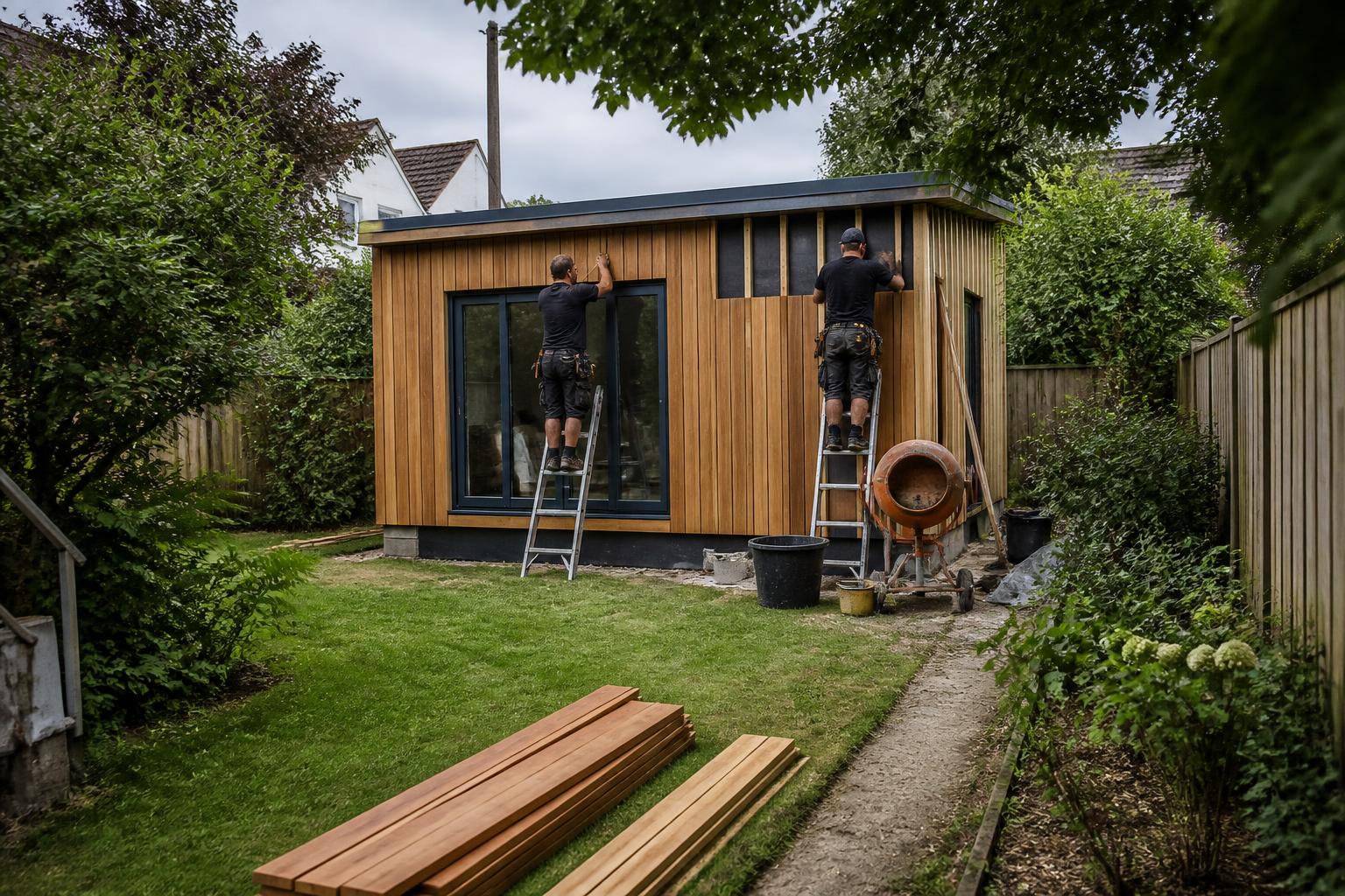 Two installers fixing cedar cladding to a timber garden office at the end of a long UK suburban garden, panels stacked on the grass and a cement mixer by the base