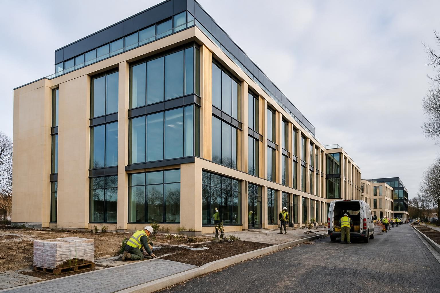 Construction Company and Contractors Insurance 2 A commercial building project nearing completion with contractors at work