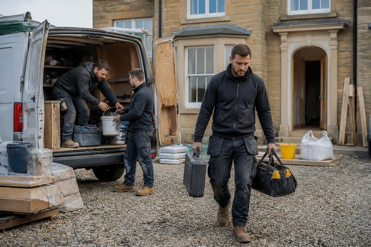Tradespeople unloading tools and materials from a van at a building site