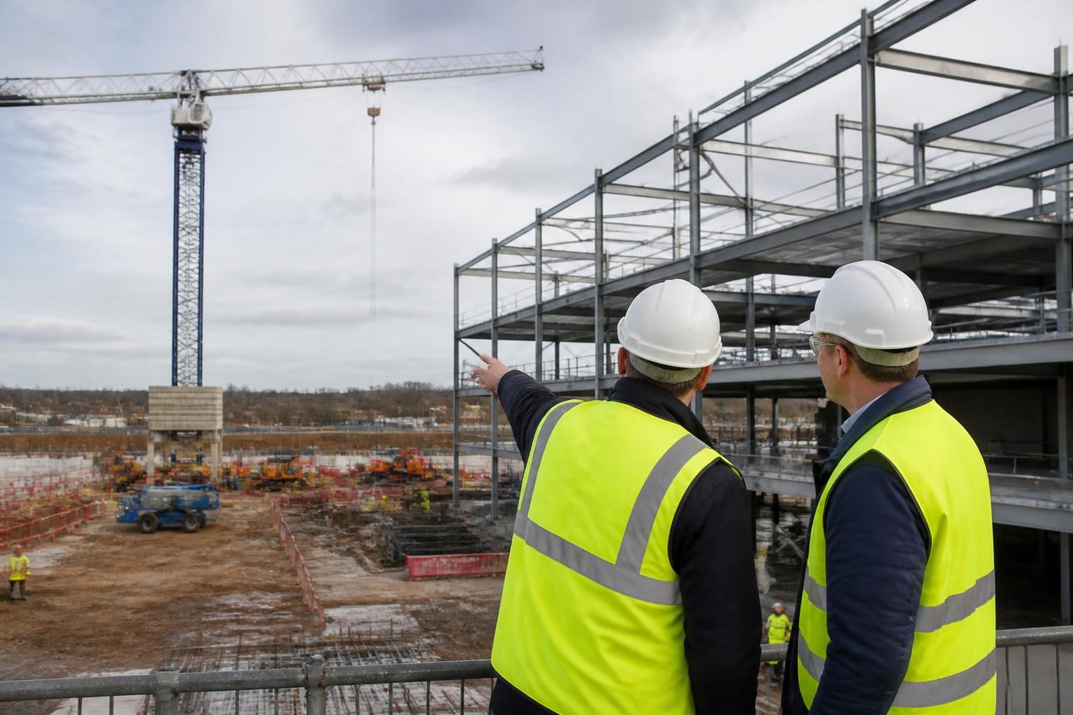 A large UK construction site with a tower crane and a steel frame building