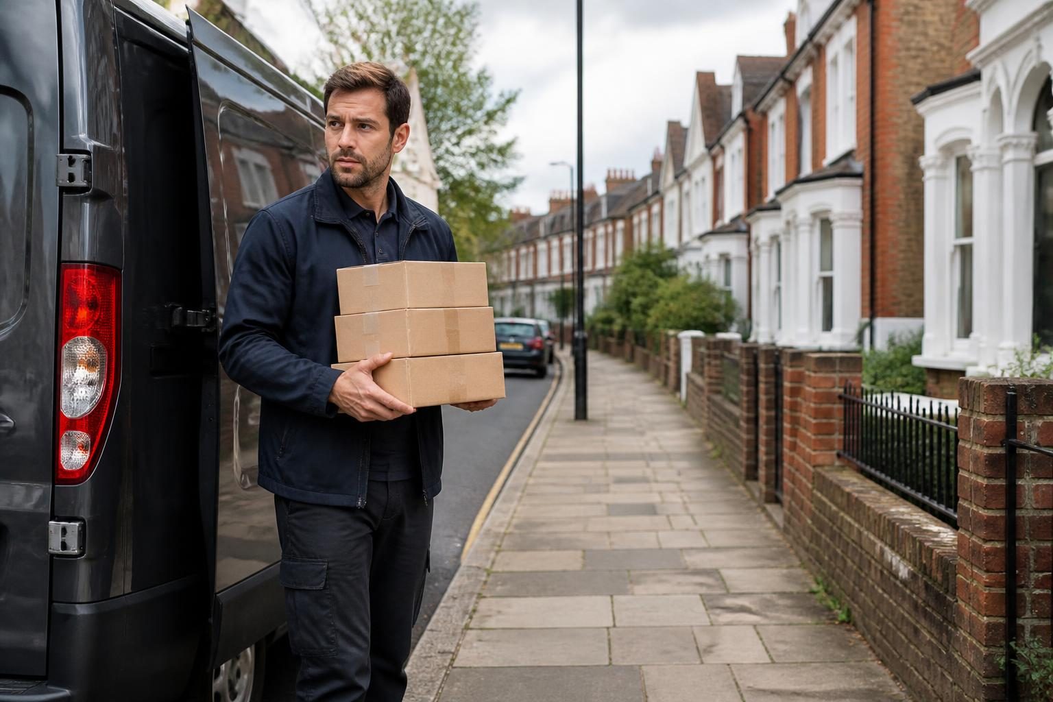 Courier and Delivery Business Insurance 2 A multi-drop delivery van parked on a UK residential street with a driver carrying parcels