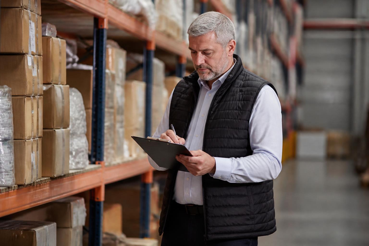 Crime and Fidelity Insurance 2 Warehouse supervisor counting stock with a clipboard beside racking