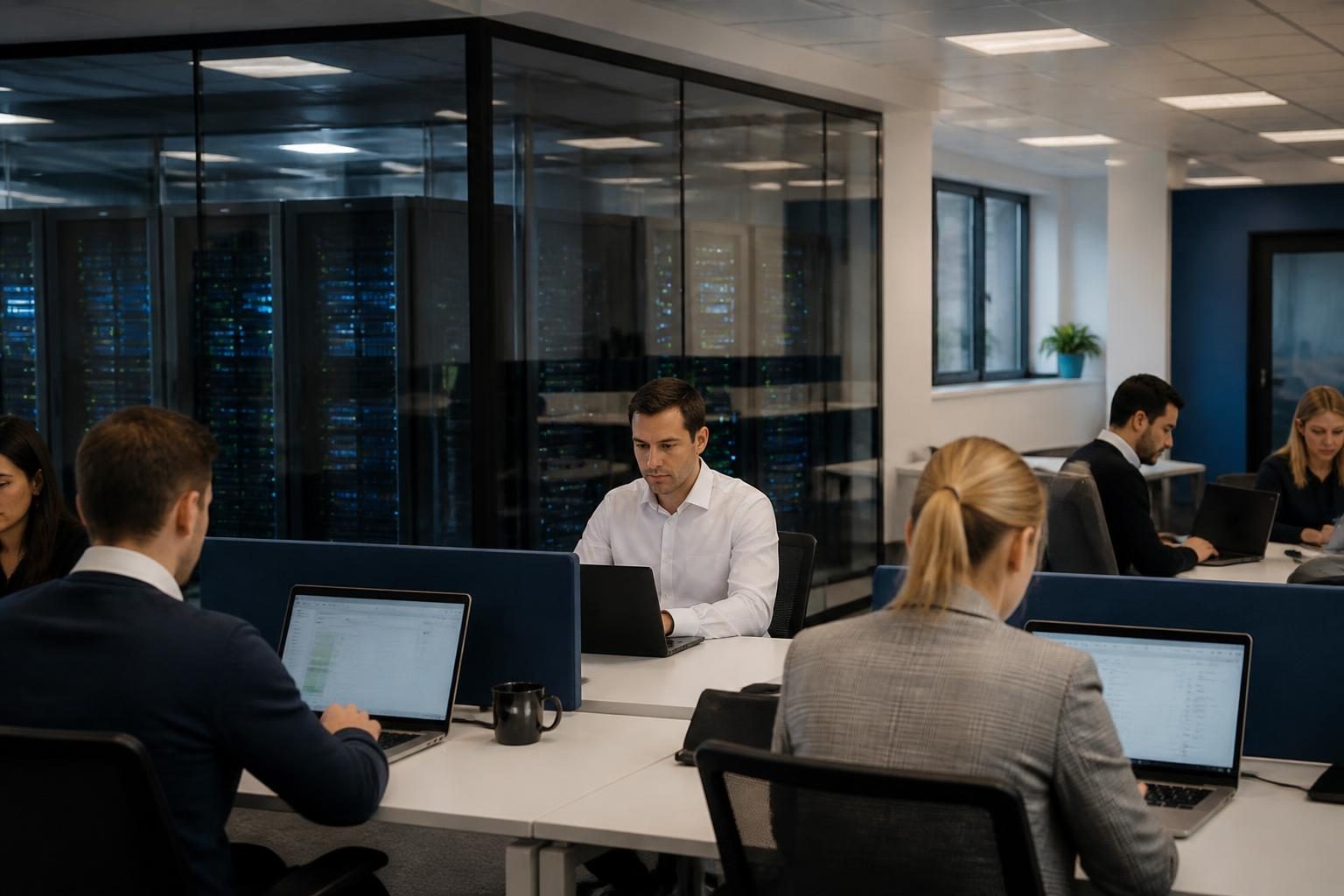 Technology and Cyber Insurance 2 A finance team working on laptops in an open plan office with a server room glass wall behind