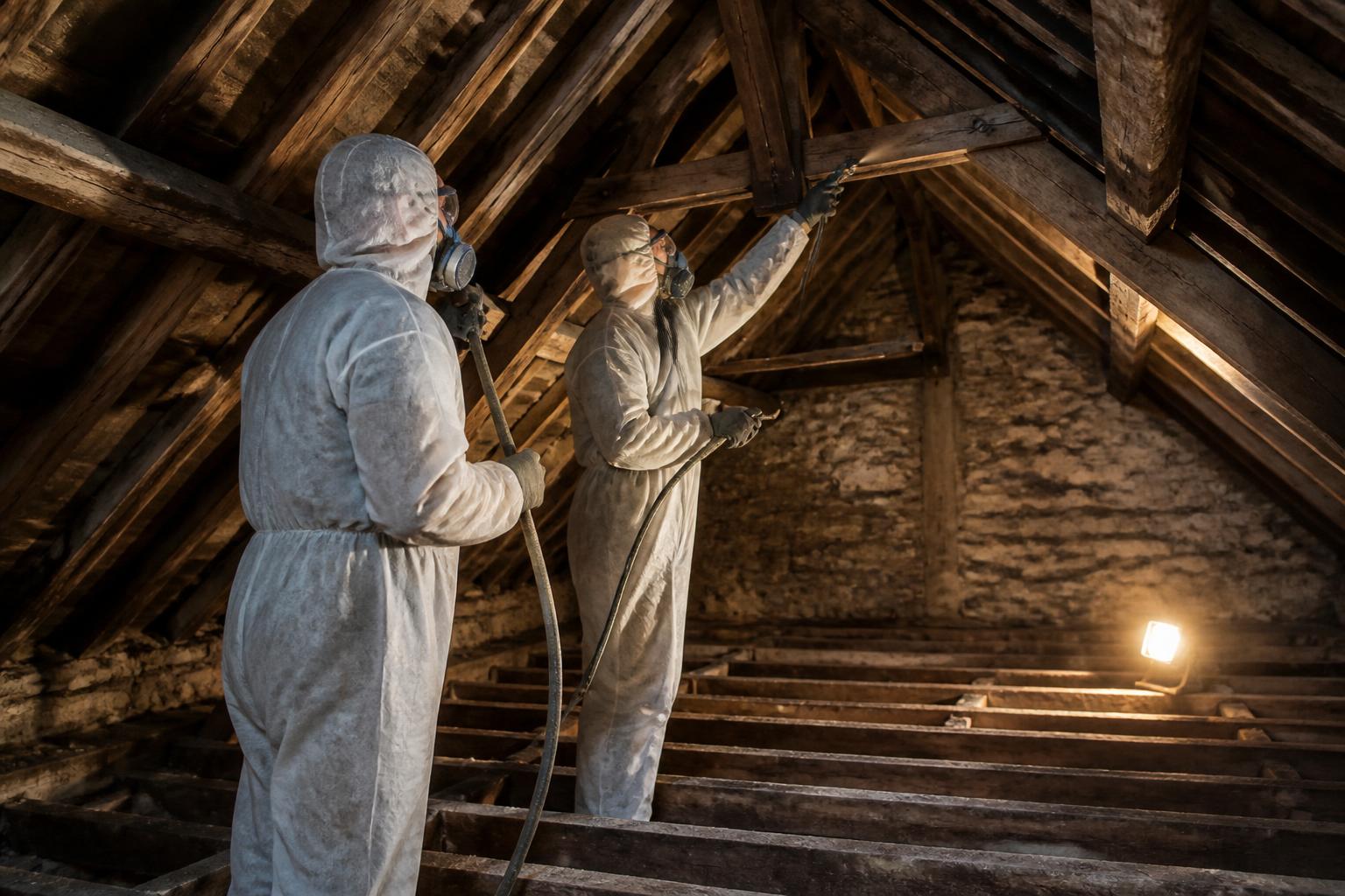 Damp Proofing and Timber Treatment Insurance 2 Two timber treatment operatives in protective overalls spraying exposed roof timbers in the loft of a UK period cottage, lit by a work lamp