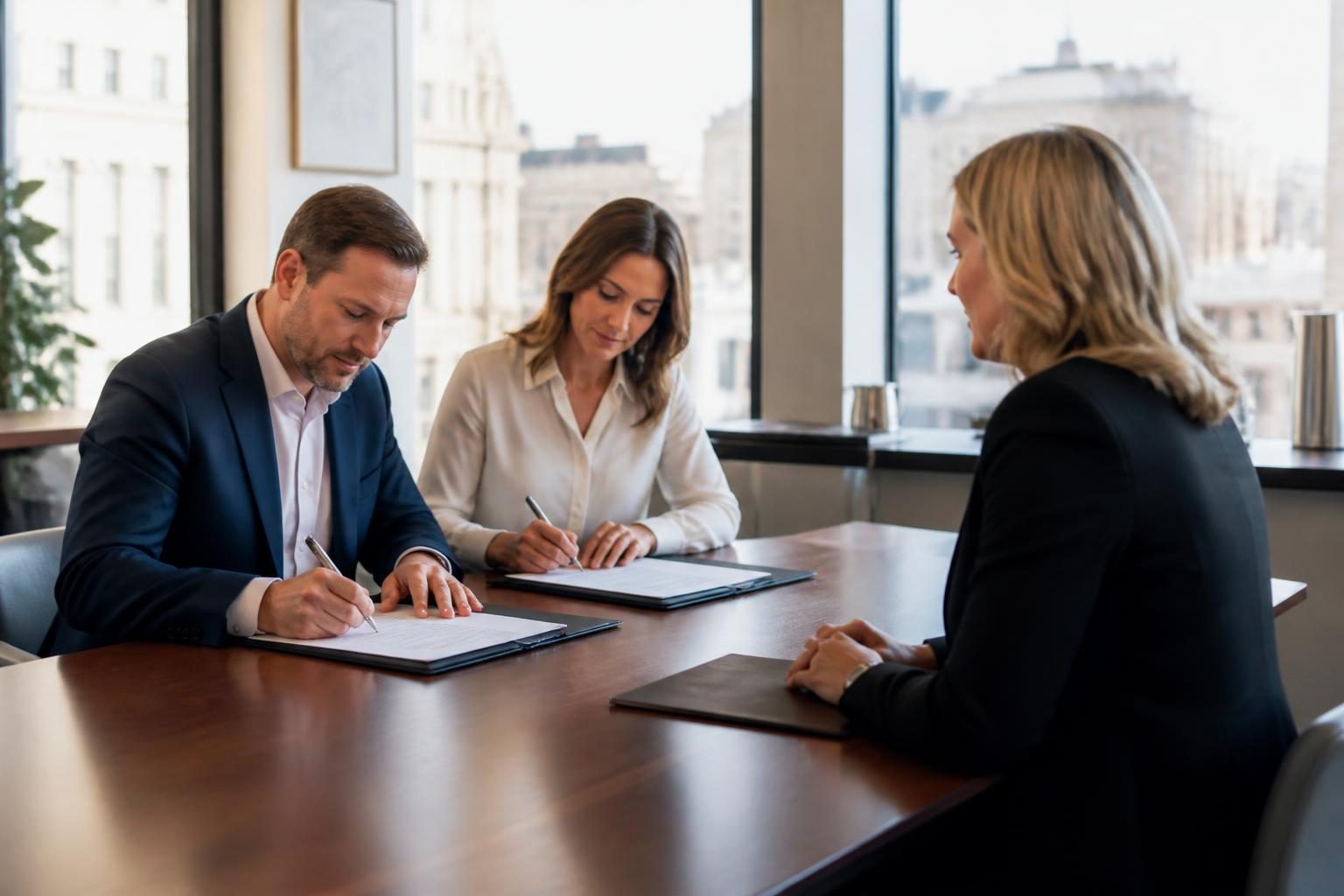 Two directors signing documents with a solicitor in a city office
