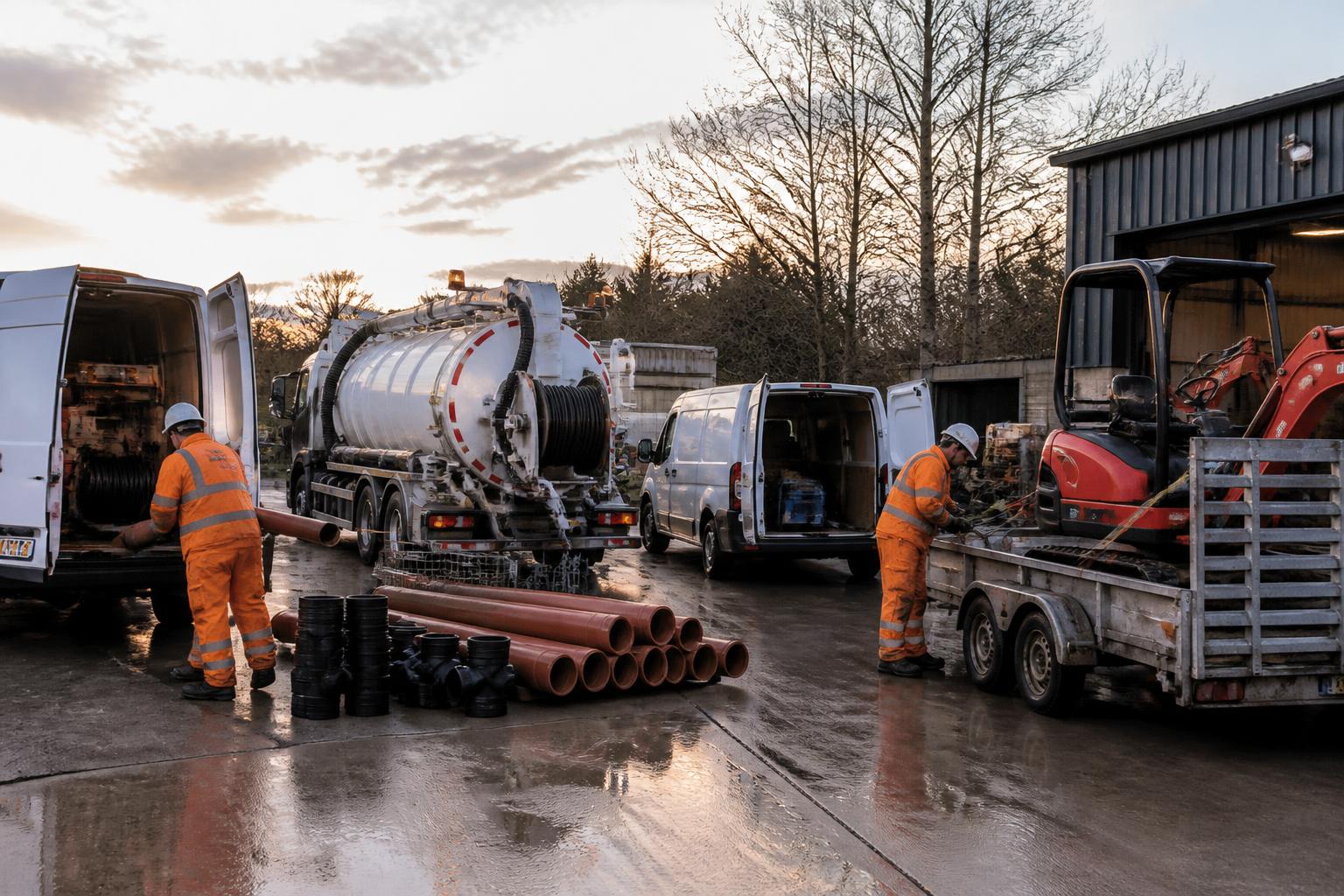 Drainage firm's yard at first light with unbranded jetting vans, a vacuum tanker and a mini digger on a trailer, crew loading pipe and fittings