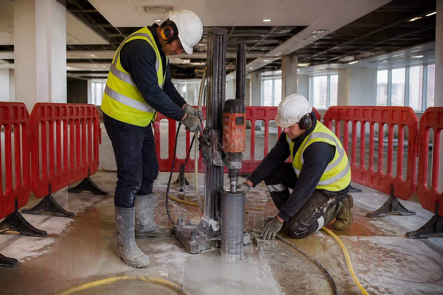 Two operatives diamond core drilling through a concrete floor slab during a UK office refurbishment, water suppression running and barriers set around them