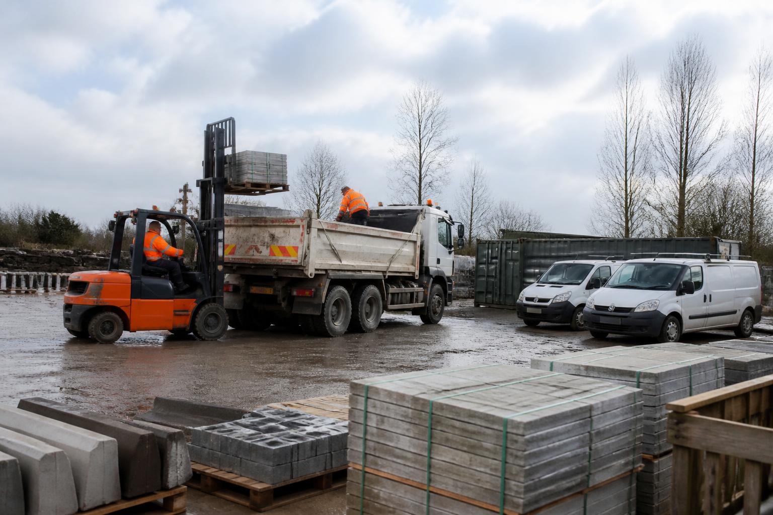 Surfacing firm's yard with pallets of paving slabs and kerbs, a tipper being loaded by forklift and crew vans parked beside a steel storage container