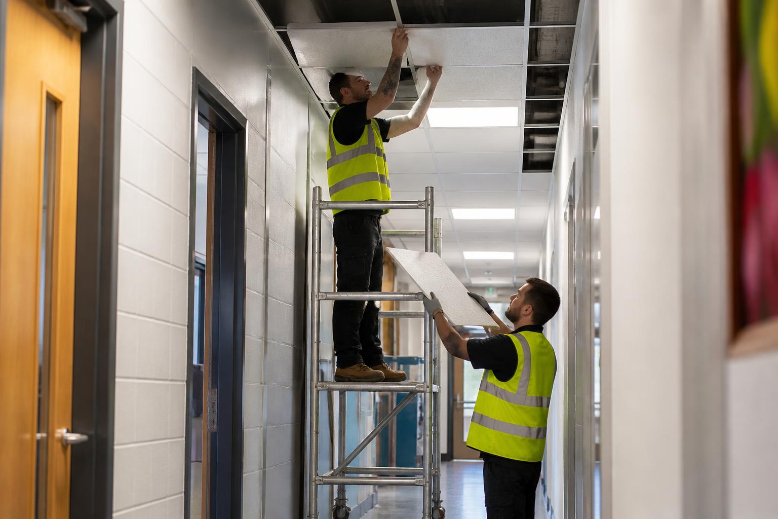 Ceiling fixer on a mobile tower clipping tiles into a suspended grid in a UK school corridor, with a second fixer passing tiles up from below