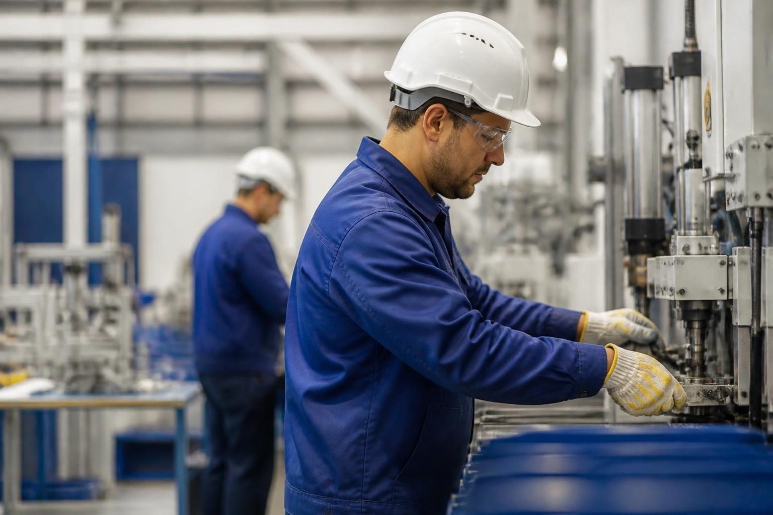 Factory workers in safety gear operating machinery on a clean production line