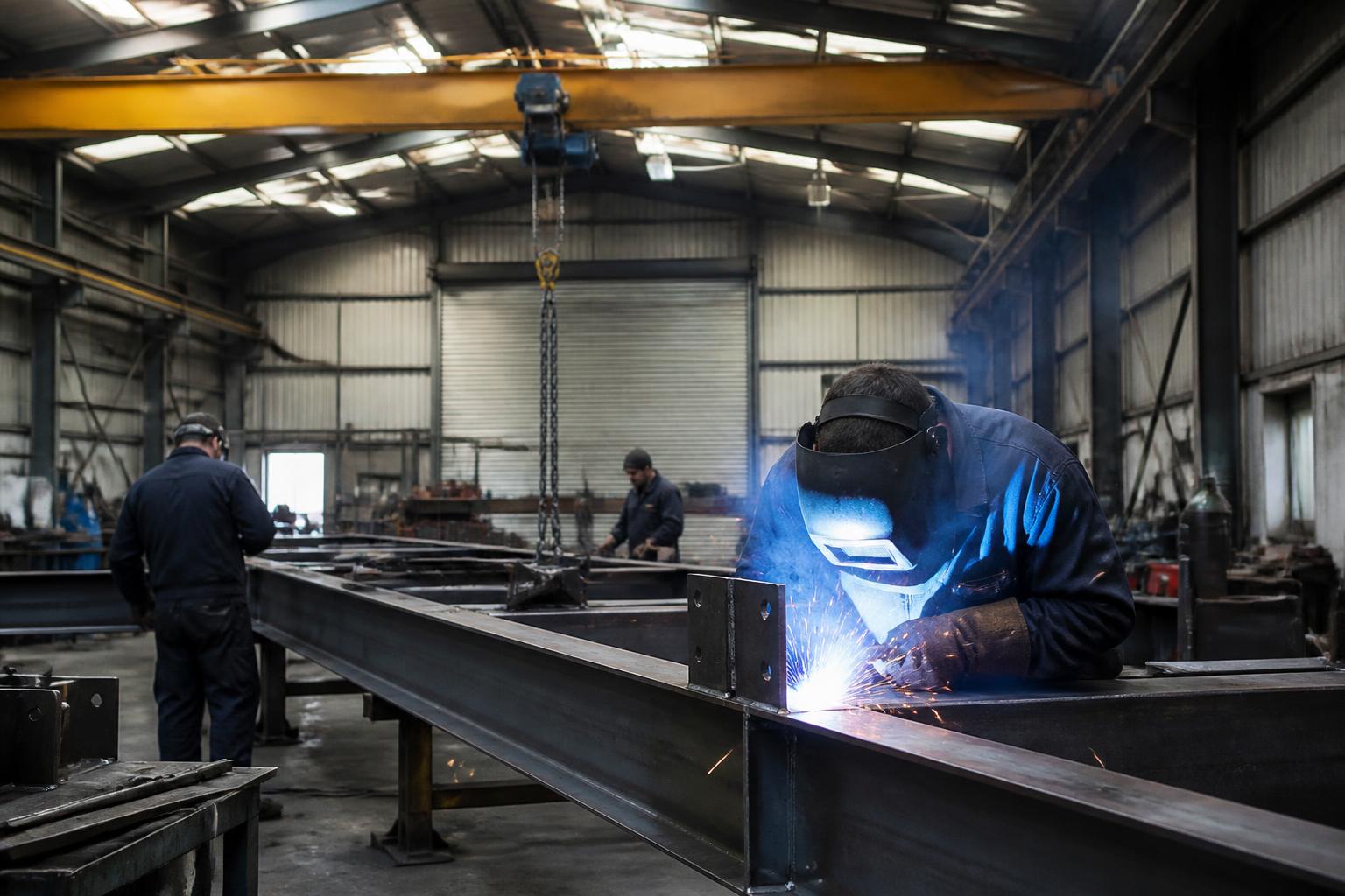 Fabrication team welding a steel frame in a UK engineering workshop with an overhead gantry crane