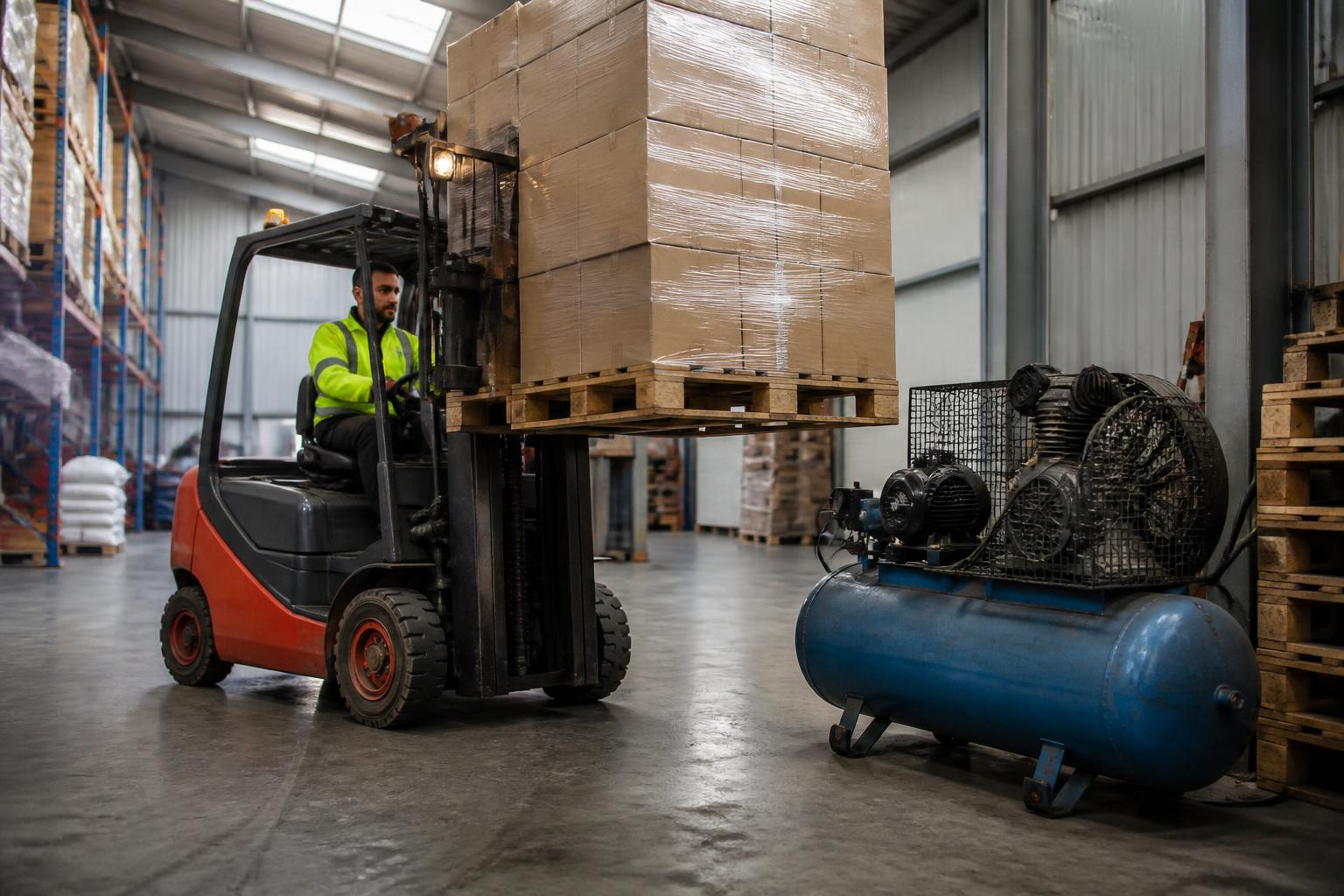 Engineering Inspection and Breakdown Insurance 2 Forklift lifting pallets beside an air compressor in a UK distribution warehouse