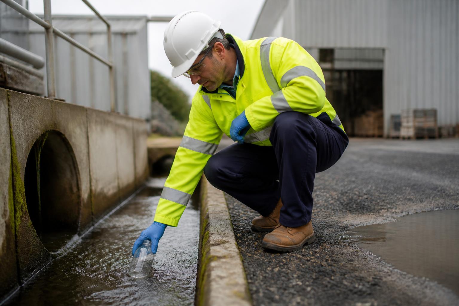 Environmental Liability Insurance 2 Site engineer taking a water sample from a drainage channel beside a yard