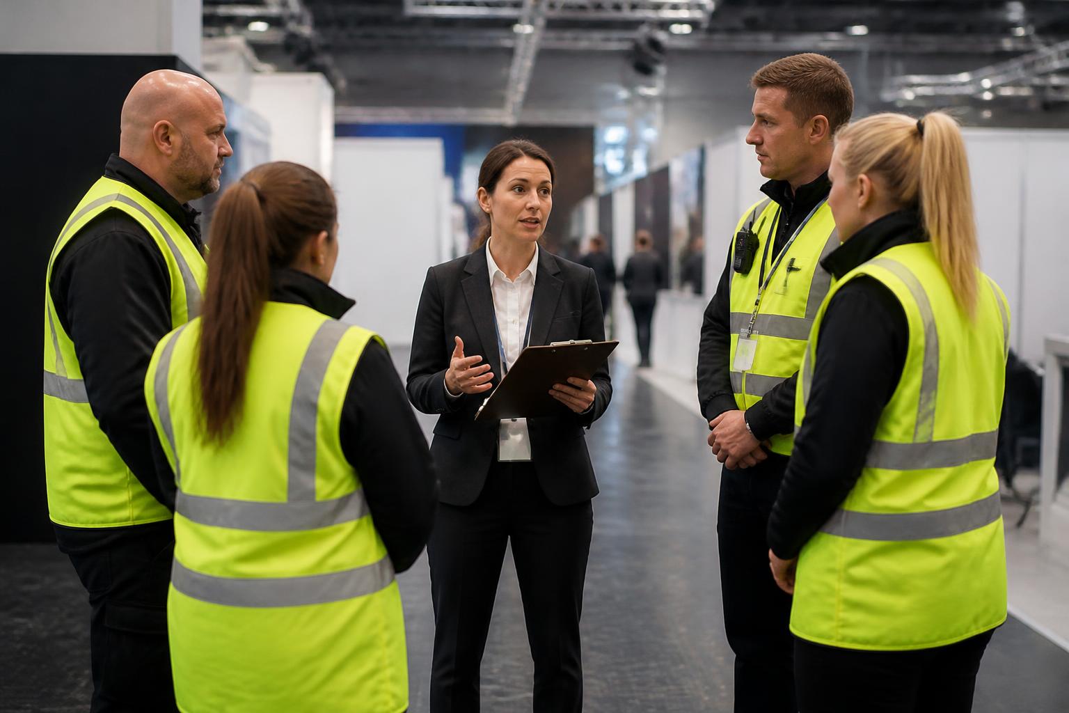Event organiser with a clipboard briefing stewards inside a UK conference and exhibition hall