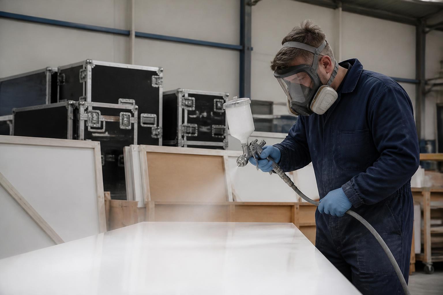 Exhibition Stand Contractors Insurance 2 Joiner spraying white finish onto stand panels in an exhibition contractor's workshop, crated graphics and flight cases stacked behind