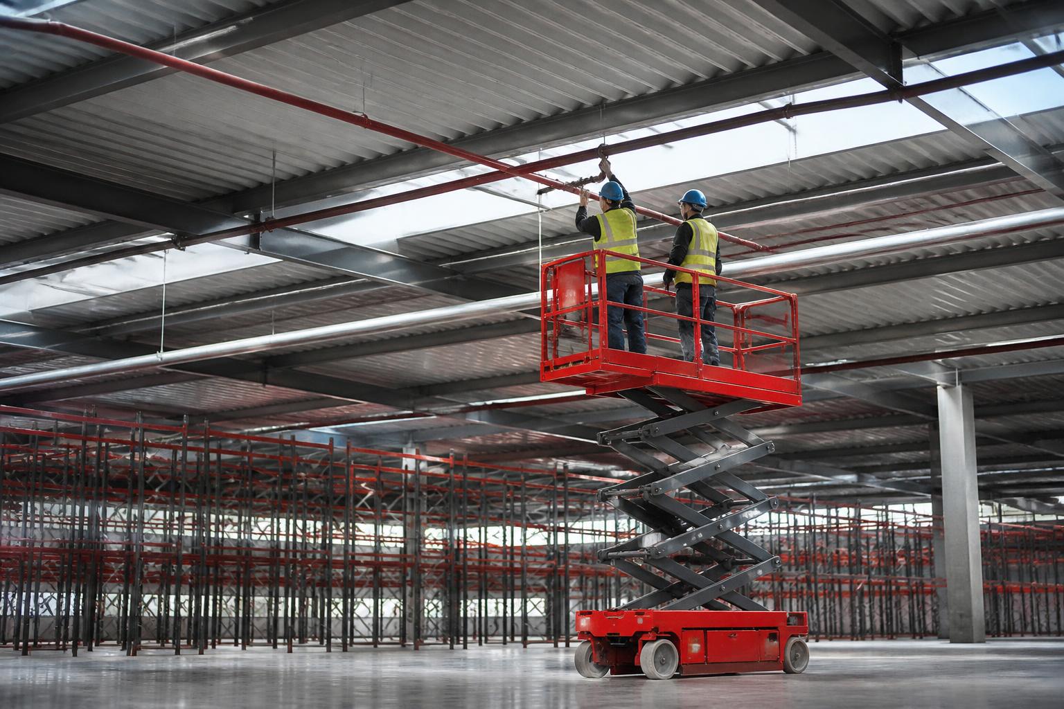 Sprinkler fitters on a scissor lift installing red sprinkler pipework below the roof of a large UK distribution warehouse