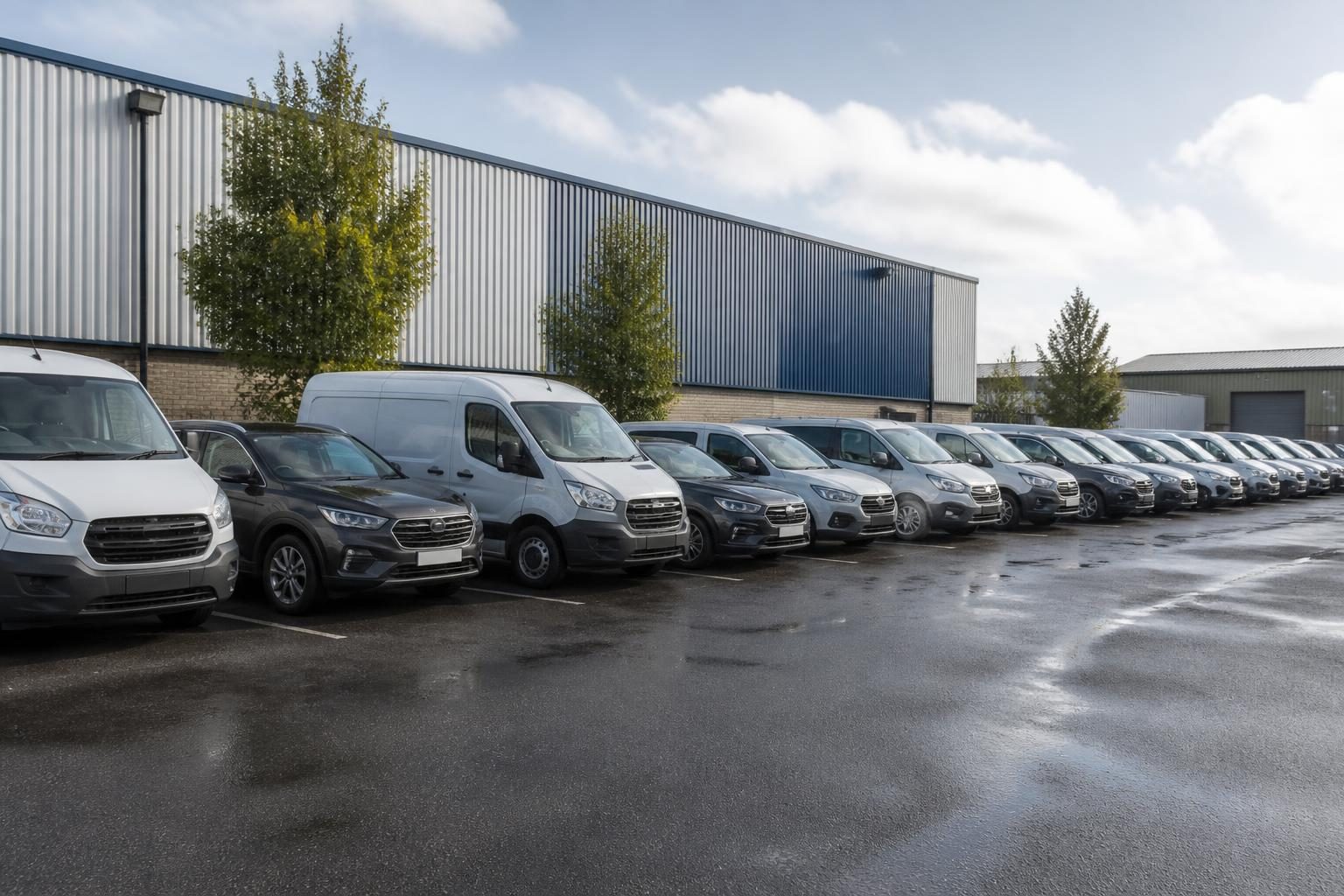 A mixed fleet of company cars and vans parked at a UK business depot
