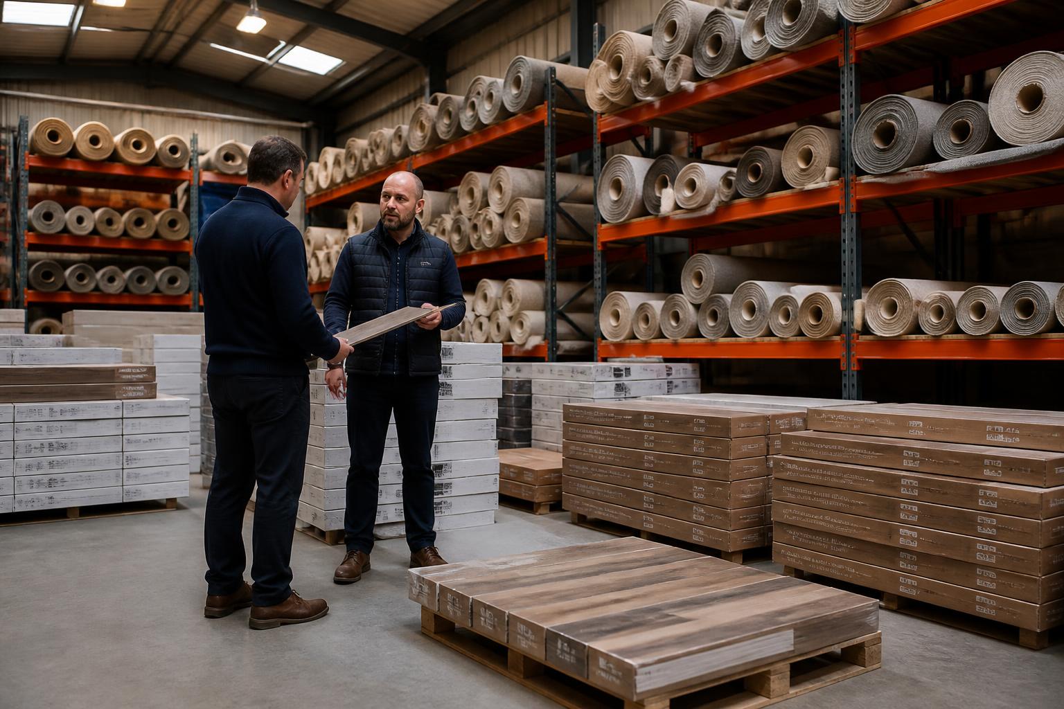 Rolls of carpet and boxed LVT stacked on racking in a UK flooring contractor's warehouse
