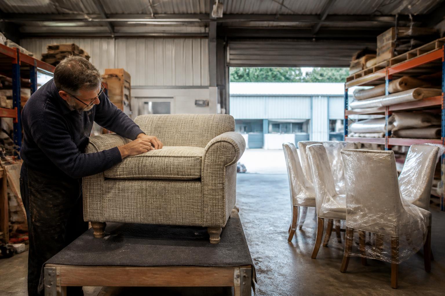 Furniture repair workshop in a UK trading estate unit, an upholsterer working on a customer's armchair beside wrapped dining chairs waiting for collection