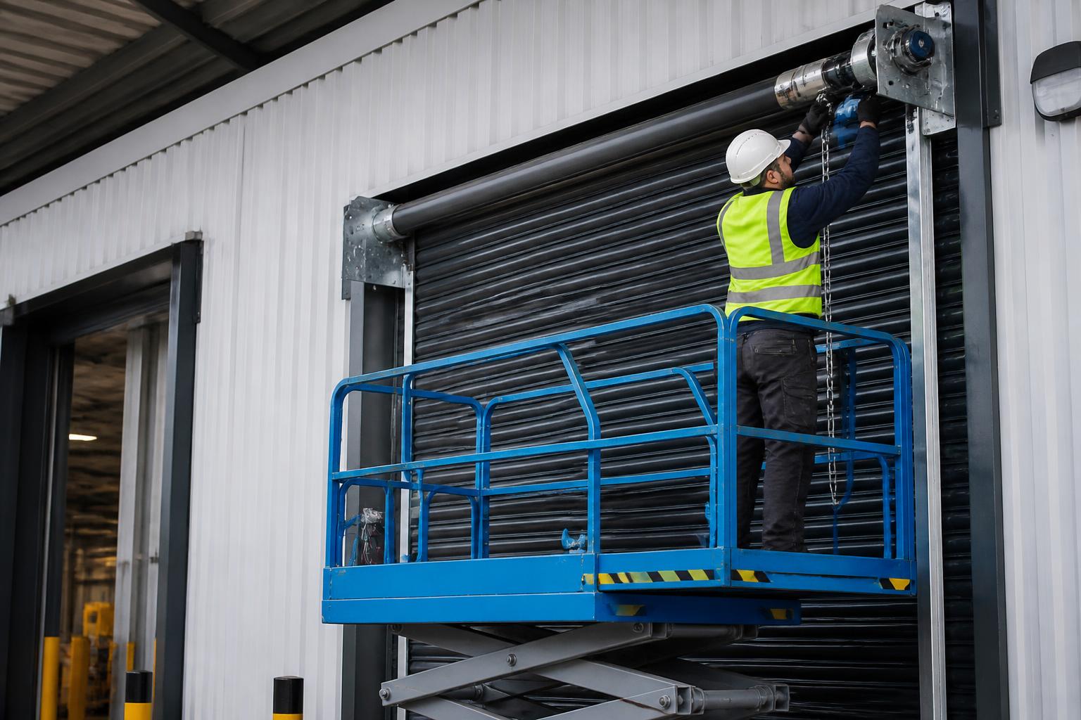 Garage Door Installers Insurance 2 Service engineer on a scissor lift adjusting the motor of a large roller shutter door at a UK distribution warehouse loading bay