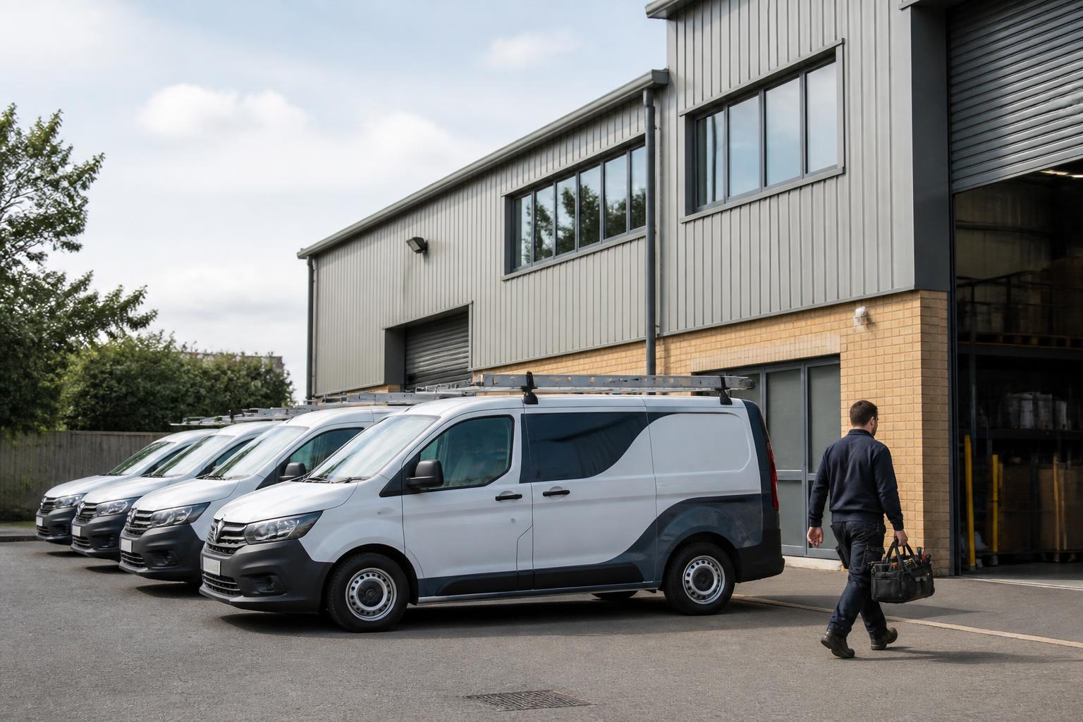Gas Fitters Insurance 2 Row of liveried engineers' vans outside a heating firm's office and stores