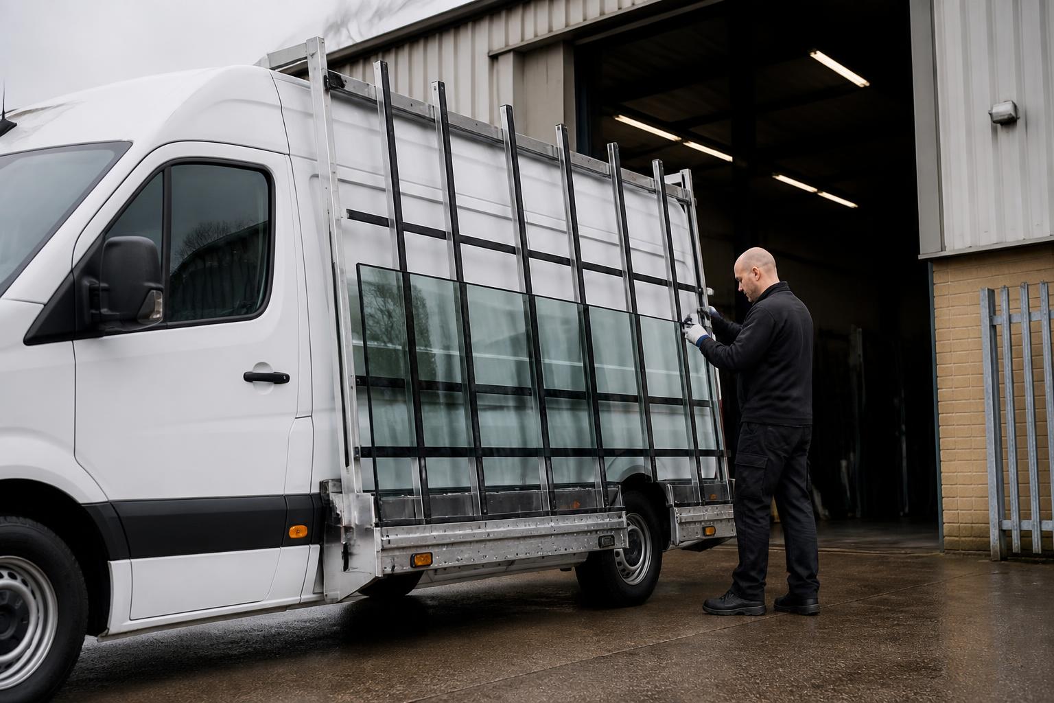 Glazing company van with glass on an external A-frame rack outside a UK workshop