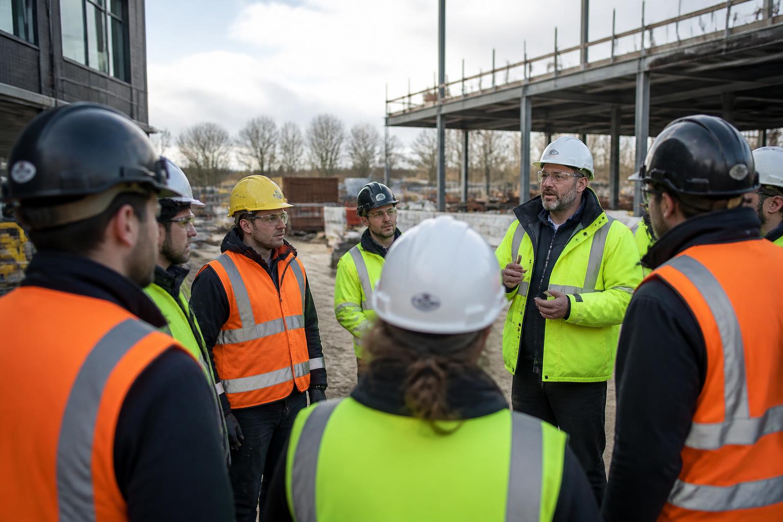 Group Personal Accident and Business Travel Insurance 2 UK site supervisor in safety gear briefing a team before a shift on a construction project