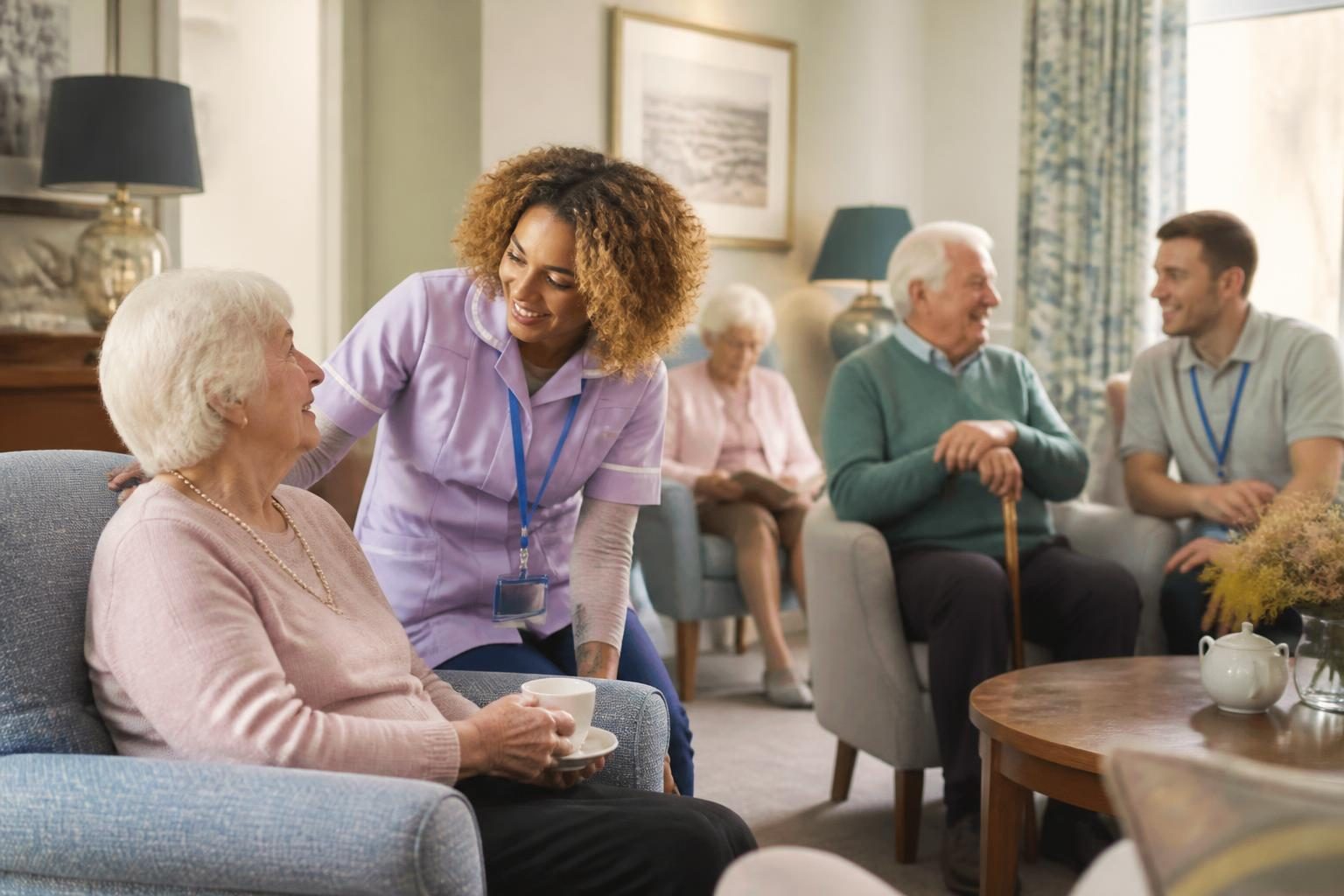 A care home lounge with carers supporting older residents