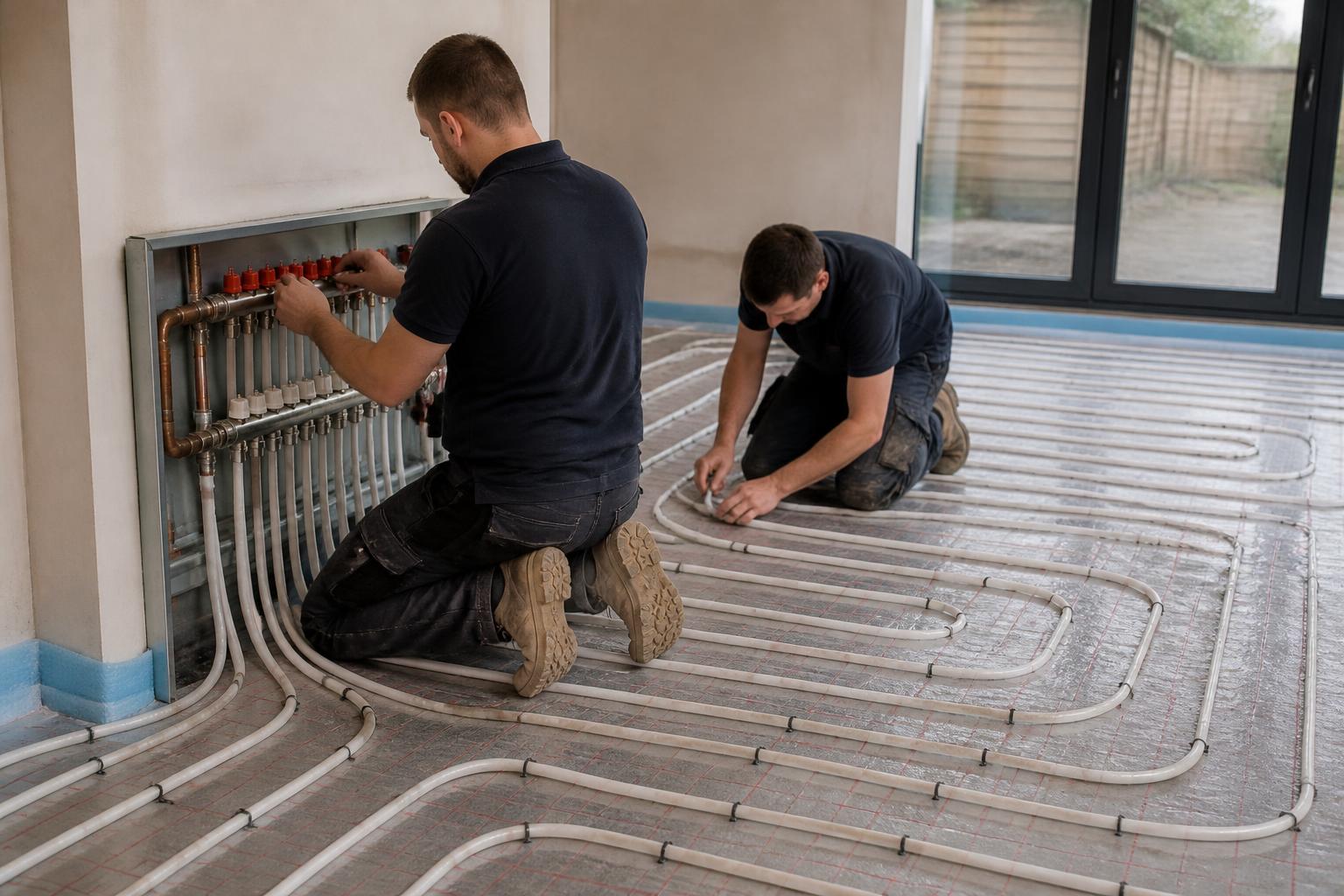Two heating engineers fitting an underfloor heating manifold in a newly screeded UK extension, with pipe loops laid out across the floor