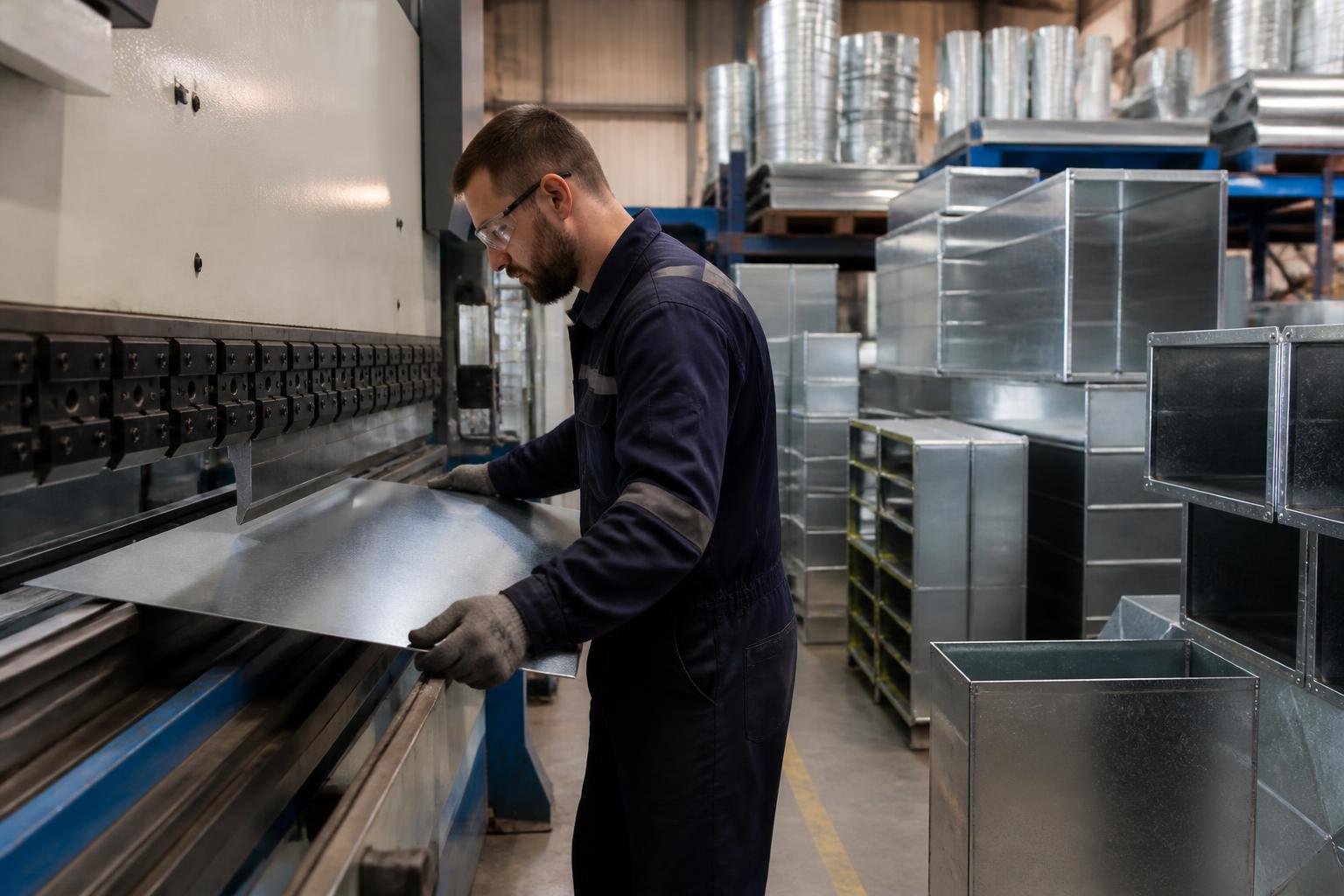 Sheet metal workshop at a UK ductwork fabricator with a fabricator folding galvanised steel beside stacks of finished duct sections