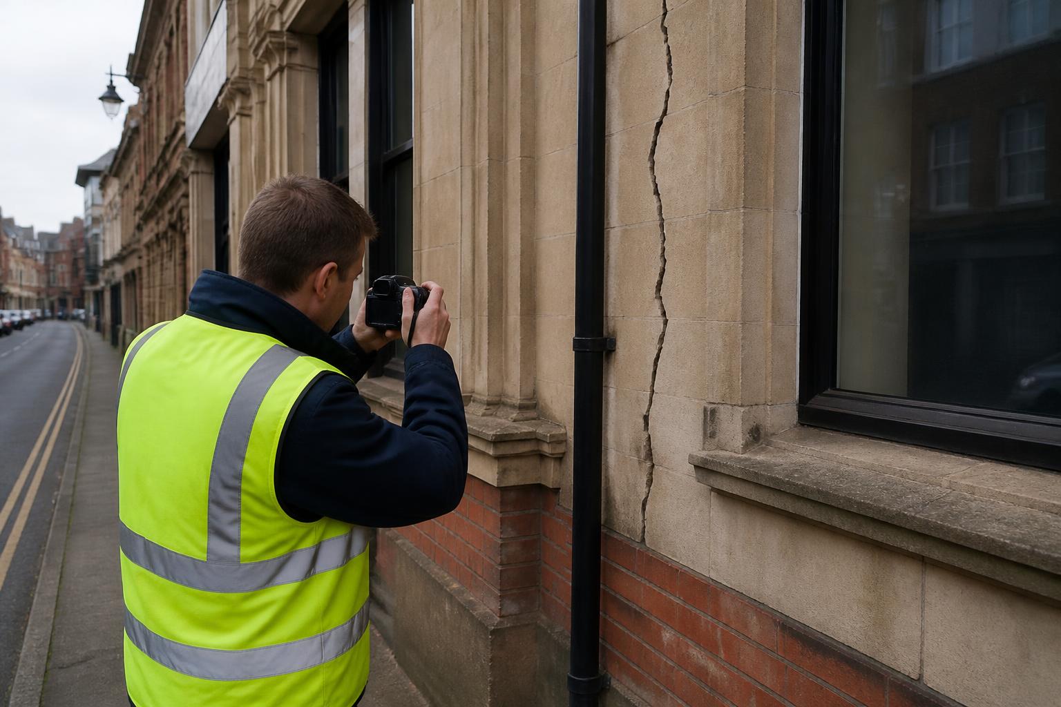 Surveyor photographing a cracked wall on an older UK commercial building