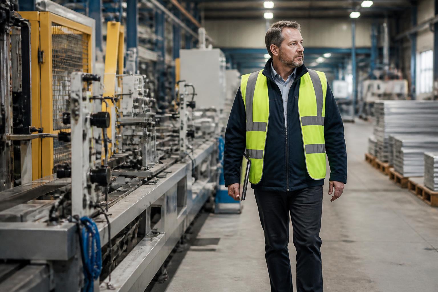 Industrial Property Insurance 2 Site manager walking past machinery inside a UK factory unit
