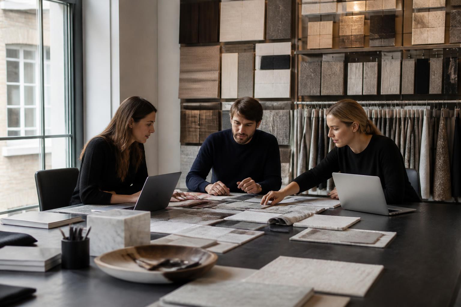 UK interior design studio with a large sample wall of tiles and fabrics, three designers at a long table with laptops and mood boards